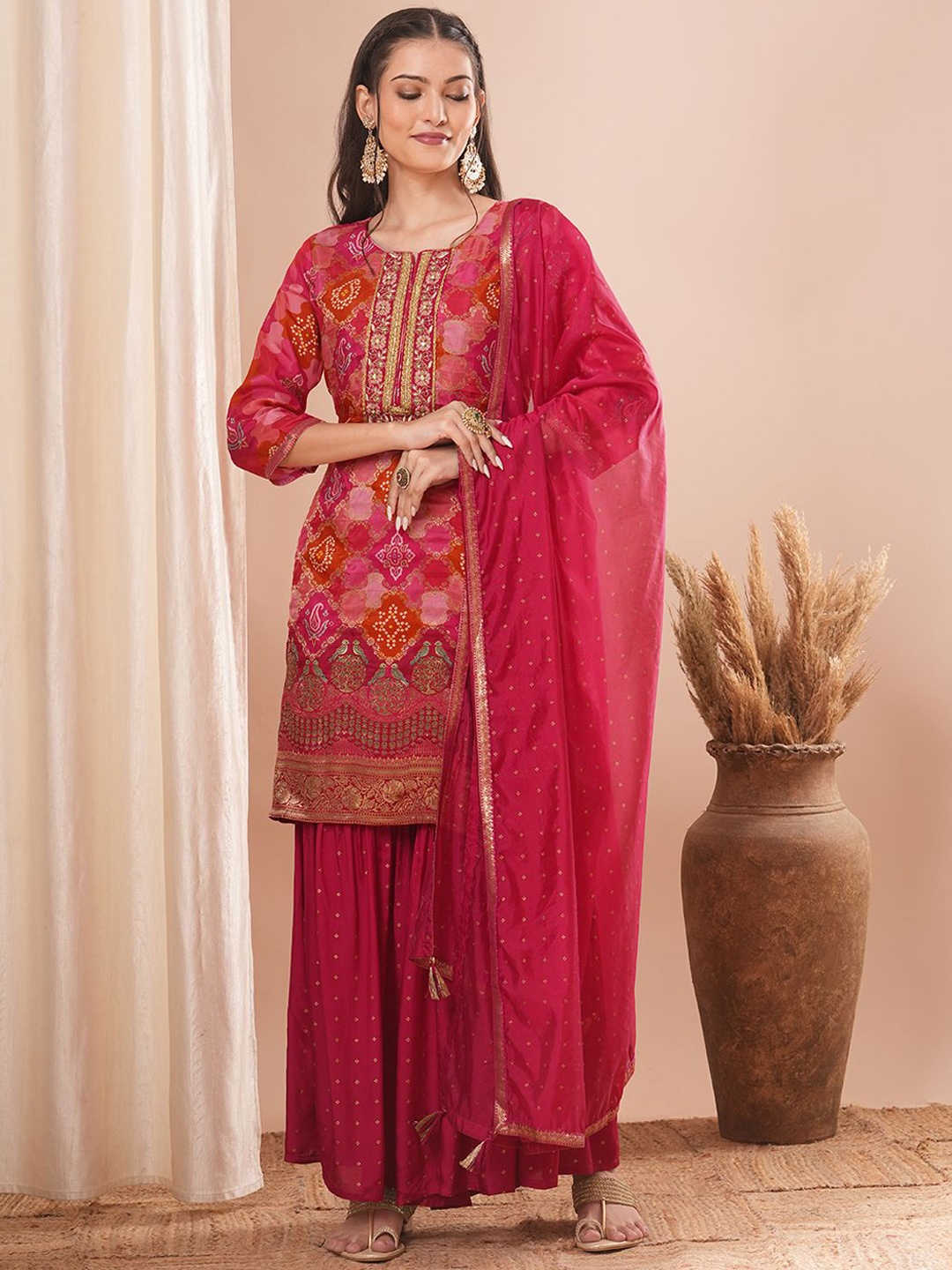 FASHOR Bandhani Embroidered Round Neck Straight Kurta with Sharara & Dupatta, Pink
FASHOR Bandhani Embroidered Round Neck Straight Kurta with Sharara & Dupatta, Pink