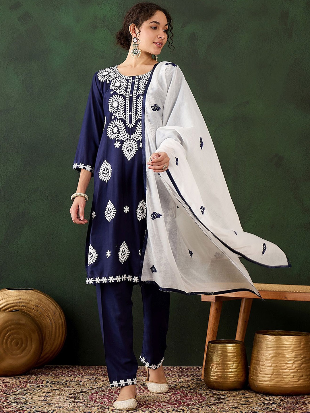 Maroosh Floral Embroidered Round Neck Thread Work Straight Kurta With Trouser & Dupatta, Navy blue
Maroosh Floral Embroidered Round Neck Thread Work Straight Kurta With Trouser & Dupatta, Navy blue