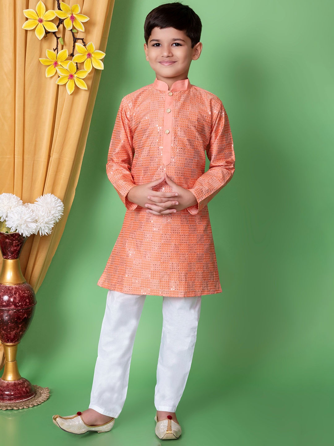 Cae Boys Geometric Embroidered Mandarin Collar Sequinned Straight Kurta With Pyjama, Peach
Cae Boys Geometric Embroidered Mandarin Collar Sequinned Straight Kurta With Pyjama, Peach