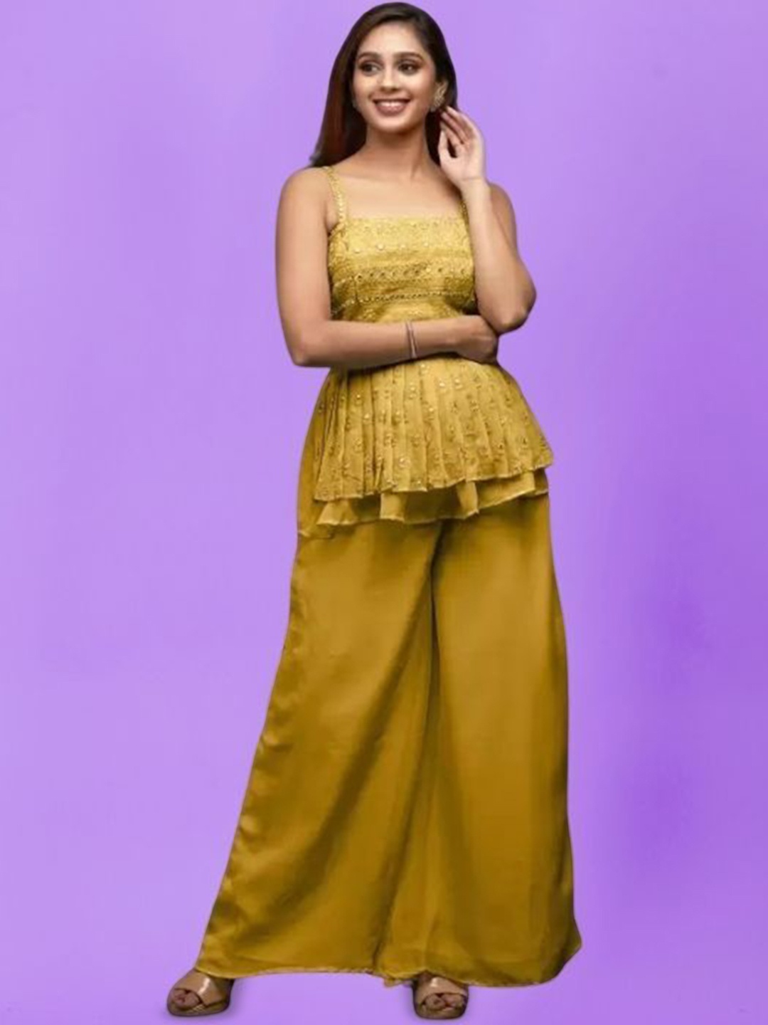 PARROT CREATION Mirror Embroidered Sequinned Round Neck Kurti with Sharara & Dupatta, Yellow
PARROT CREATION Mirror Embroidered Sequinned Round Neck Kurti with Sharara & Dupatta, Yellow