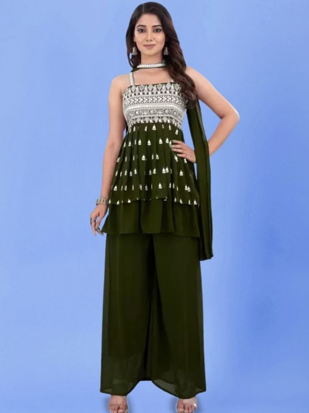 PARROT CREATION Floral Embroidered Georgette A-Line Kurti With Palazzos And Dupatta, Green
PARROT CREATION Floral Embroidered Georgette A-Line Kurti With Palazzos And Dupatta, Green