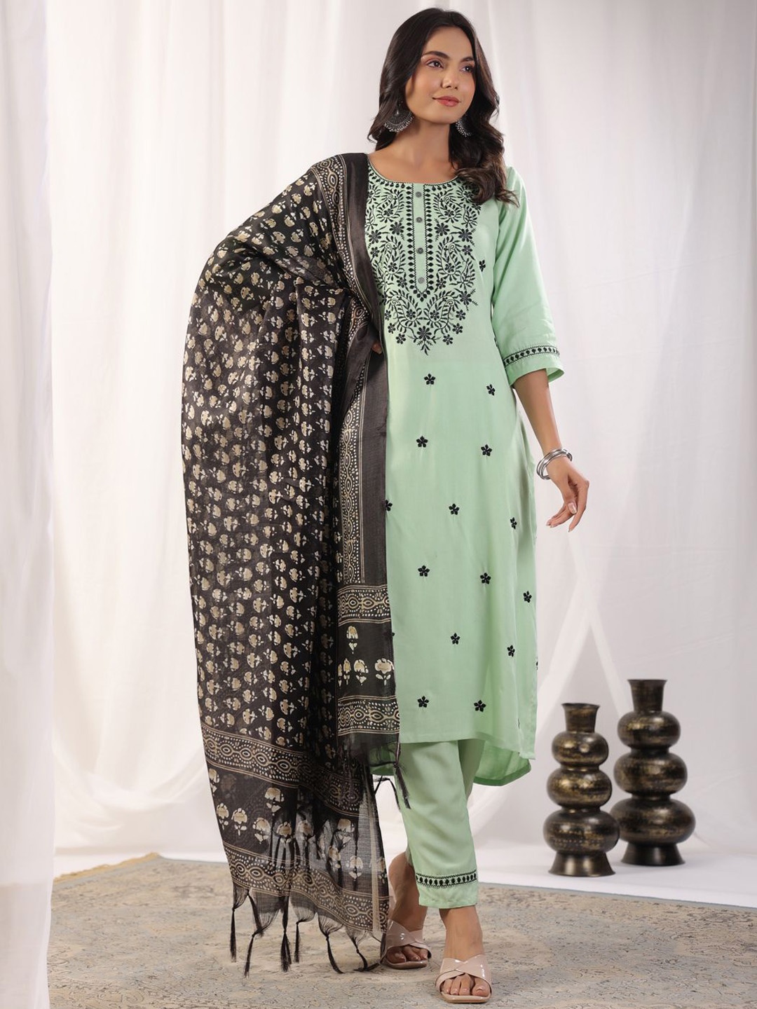 KALINI Floral Embroidered Round Neck Thread Work Kurta With Trousers & Dupatta, Sea green
KALINI Floral Embroidered Round Neck Thread Work Kurta With Trousers & Dupatta, Sea green