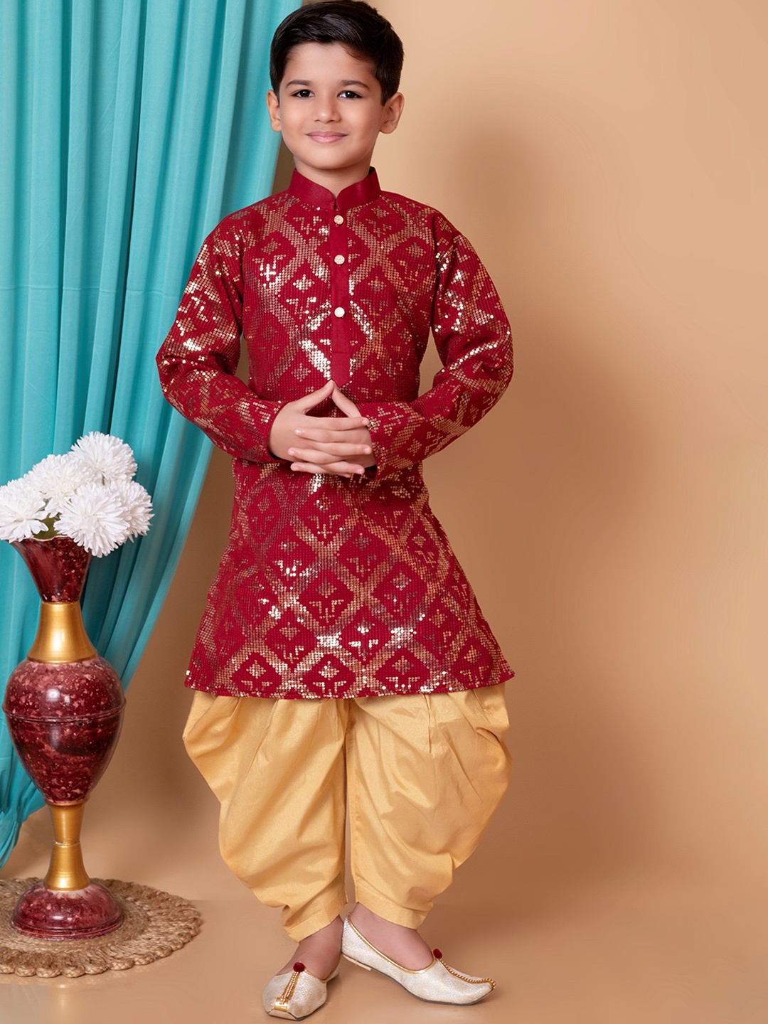 Cae Boys Geometric Embroidered Sequinned Mandarin Collar Dupion Silk Kurta With Patiala, Maroon
Cae Boys Geometric Embroidered Sequinned Mandarin Collar Dupion Silk Kurta With Patiala, Maroon