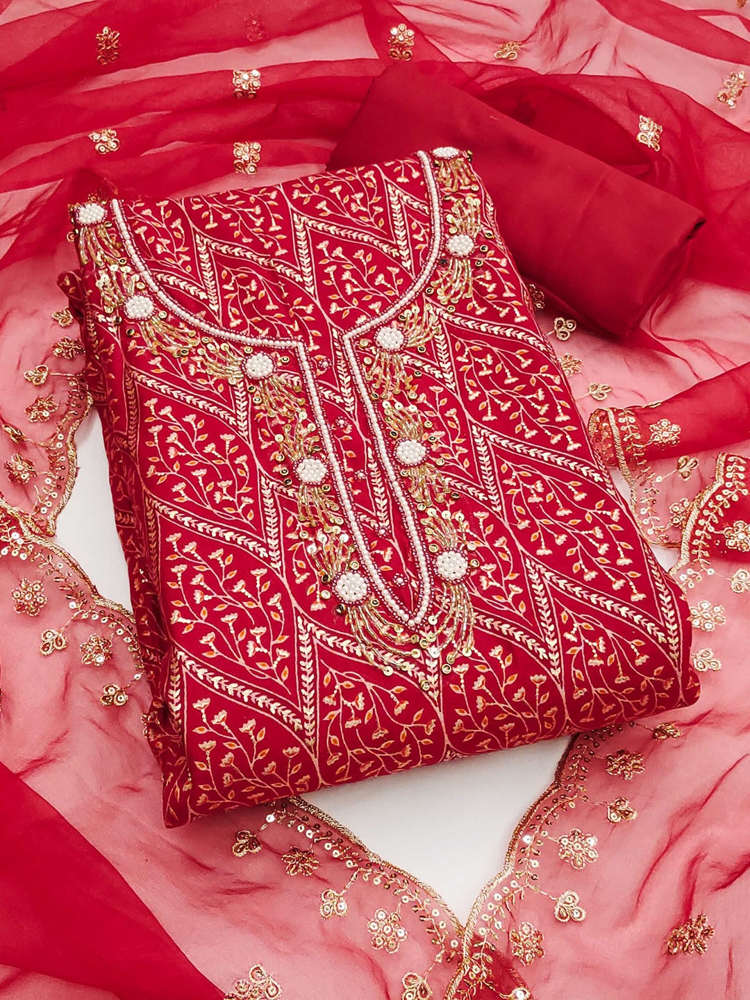 SAINOOR Floral Beads And Stones Embellished Pure Silk Semi-Stitched Dress Material, Red
SAINOOR Floral Beads And Stones Embellished Pure Silk Semi-Stitched Dress Material, Red