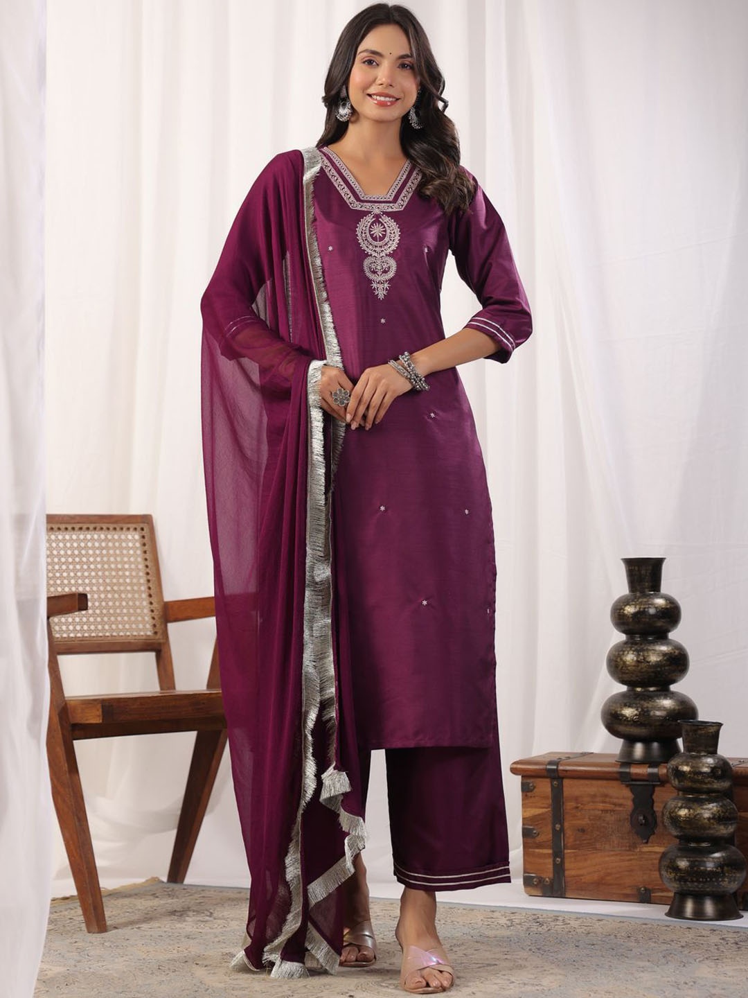 KALINI Floral Embroidered Thread Work Straight Kurta With Palazzos & Dupatta, Purple
KALINI Floral Embroidered Thread Work Straight Kurta With Palazzos & Dupatta, Purple