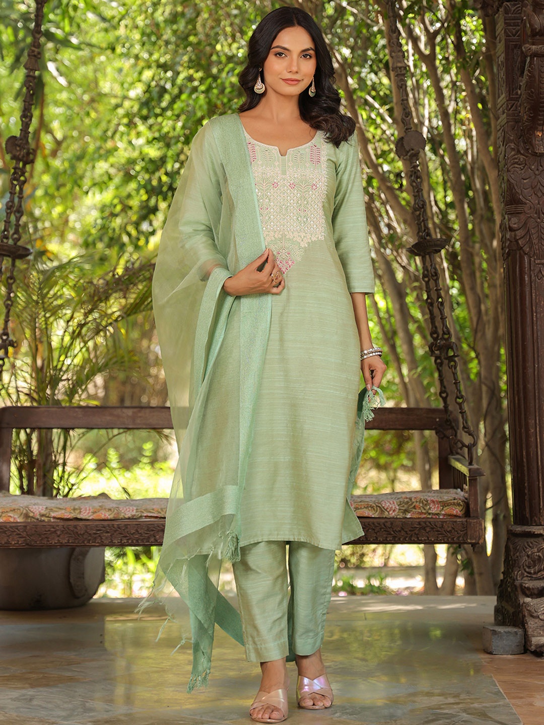 KALINI Floral Yoke Design Mirror Work Notch Neck Straight Kurta With Trousers & Dupatta, Sea green
KALINI Floral Yoke Design Mirror Work Notch Neck Straight Kurta With Trousers & Dupatta, Sea green