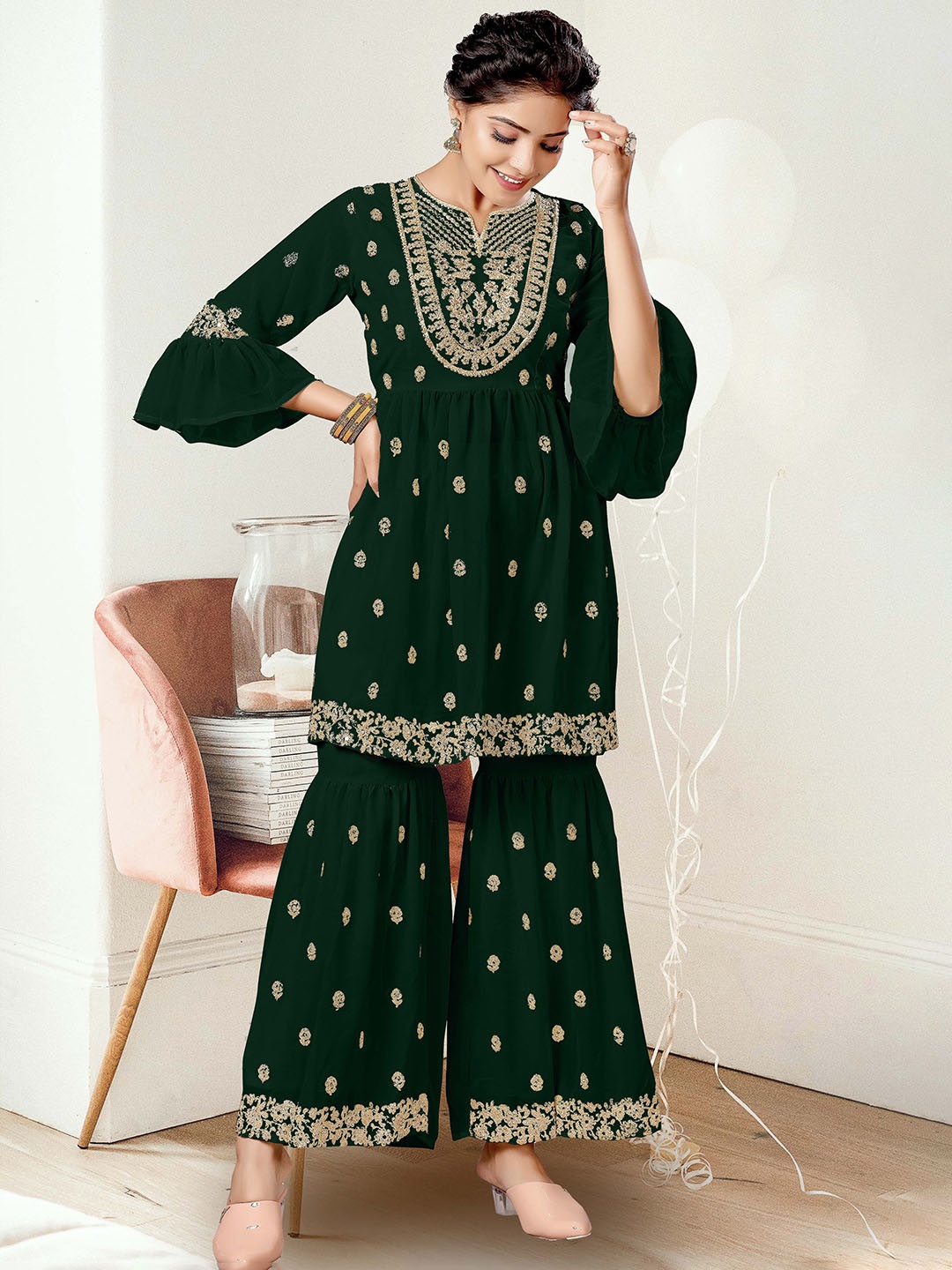 SANCIA Pleated Notch-Neck Floral Embroidered Georgette Anarkali Kurti With Sharara, Green
SANCIA Pleated Notch-Neck Floral Embroidered Georgette Anarkali Kurti With Sharara, Green