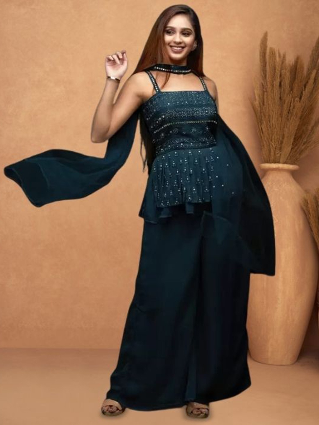 PARROT CREATION Floral Embroidered Georgette A-Line Kurti With Palazzos And Dupatta, Turquoise blue
PARROT CREATION Floral Embroidered Georgette A-Line Kurti With Palazzos And Dupatta, Turquoise blue