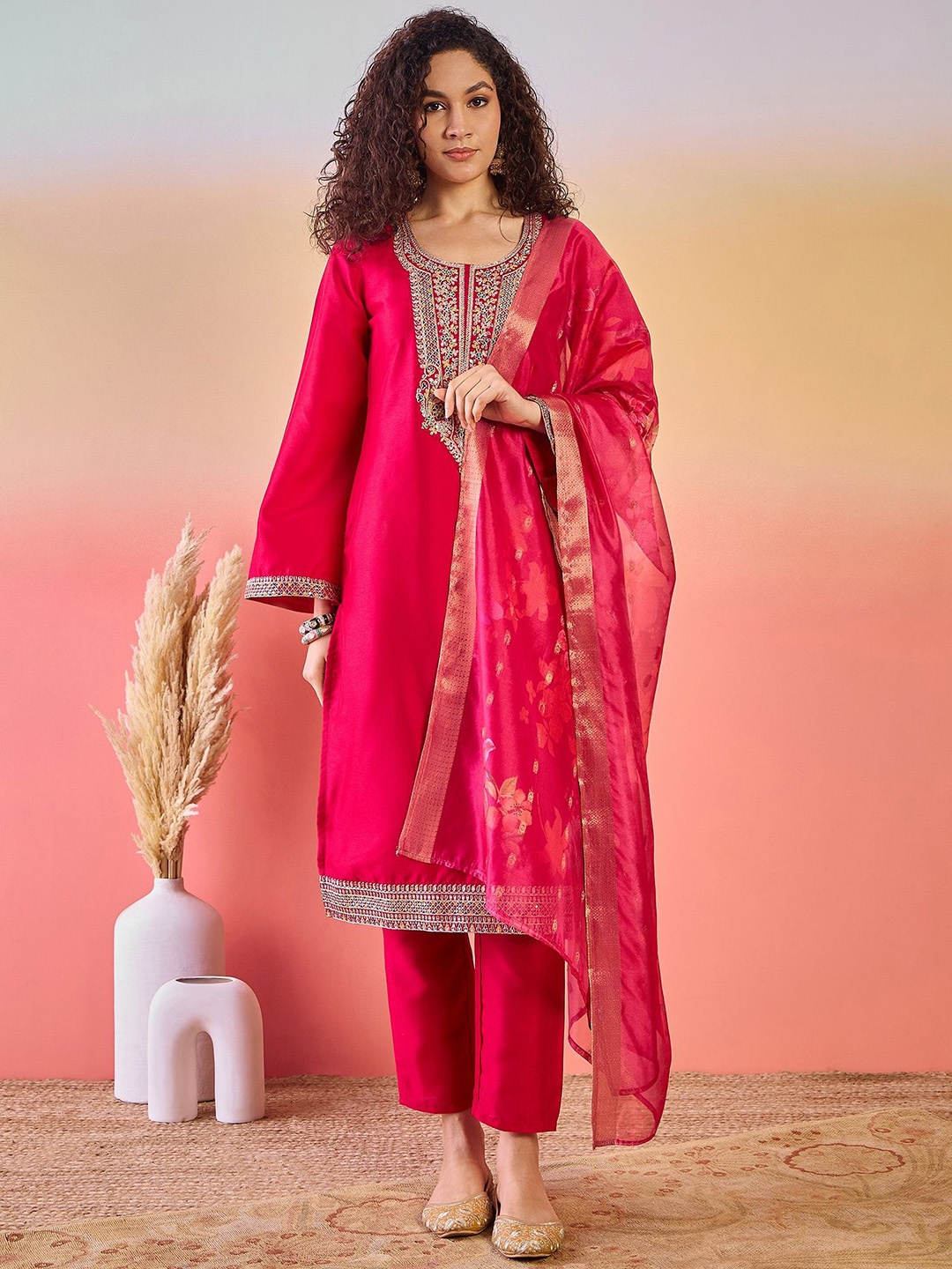 Sangria Floral Embroidered Round Neck Straight Kurta With Trousers And Dupatta, Magenta
Sangria Floral Embroidered Round Neck Straight Kurta With Trousers And Dupatta, Magenta