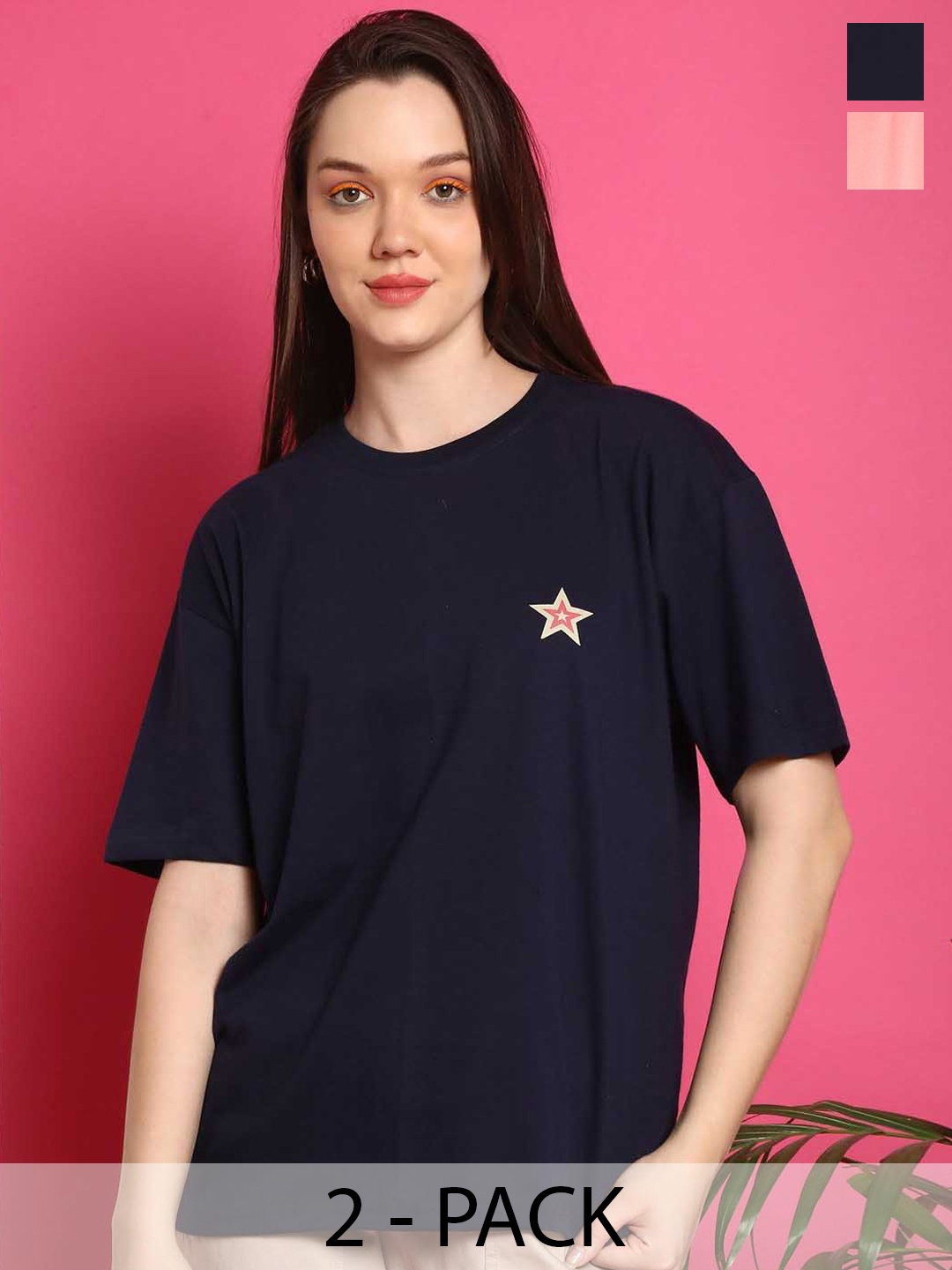Metronaut Women Pack Of 2 Typography Printed Round Neck Cotton Oversized T-shirts, Navy blue
Metronaut Women Pack Of 2 Typography Printed Round Neck Cotton Oversized T-shirts, Navy blue