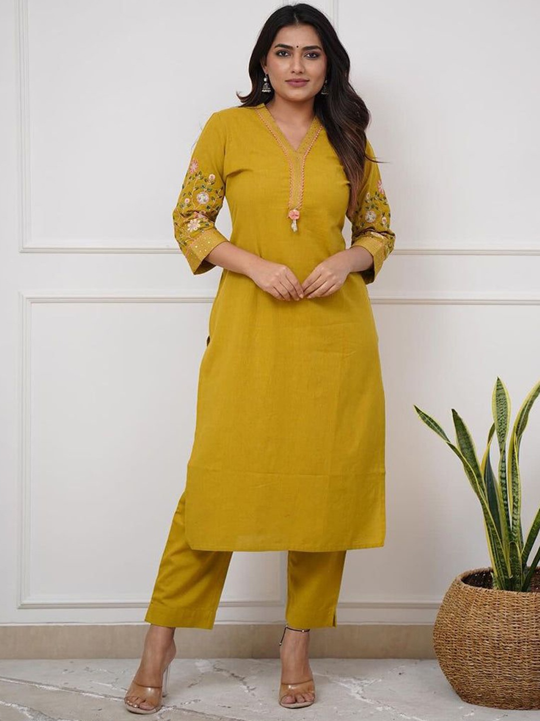 VASUPRADA Floral Embroidered V-Neck Sequinned Pure Cotton Straight Kurta With Trousers, Mustard
VASUPRADA Floral Embroidered V-Neck Sequinned Pure Cotton Straight Kurta With Trousers, Mustard