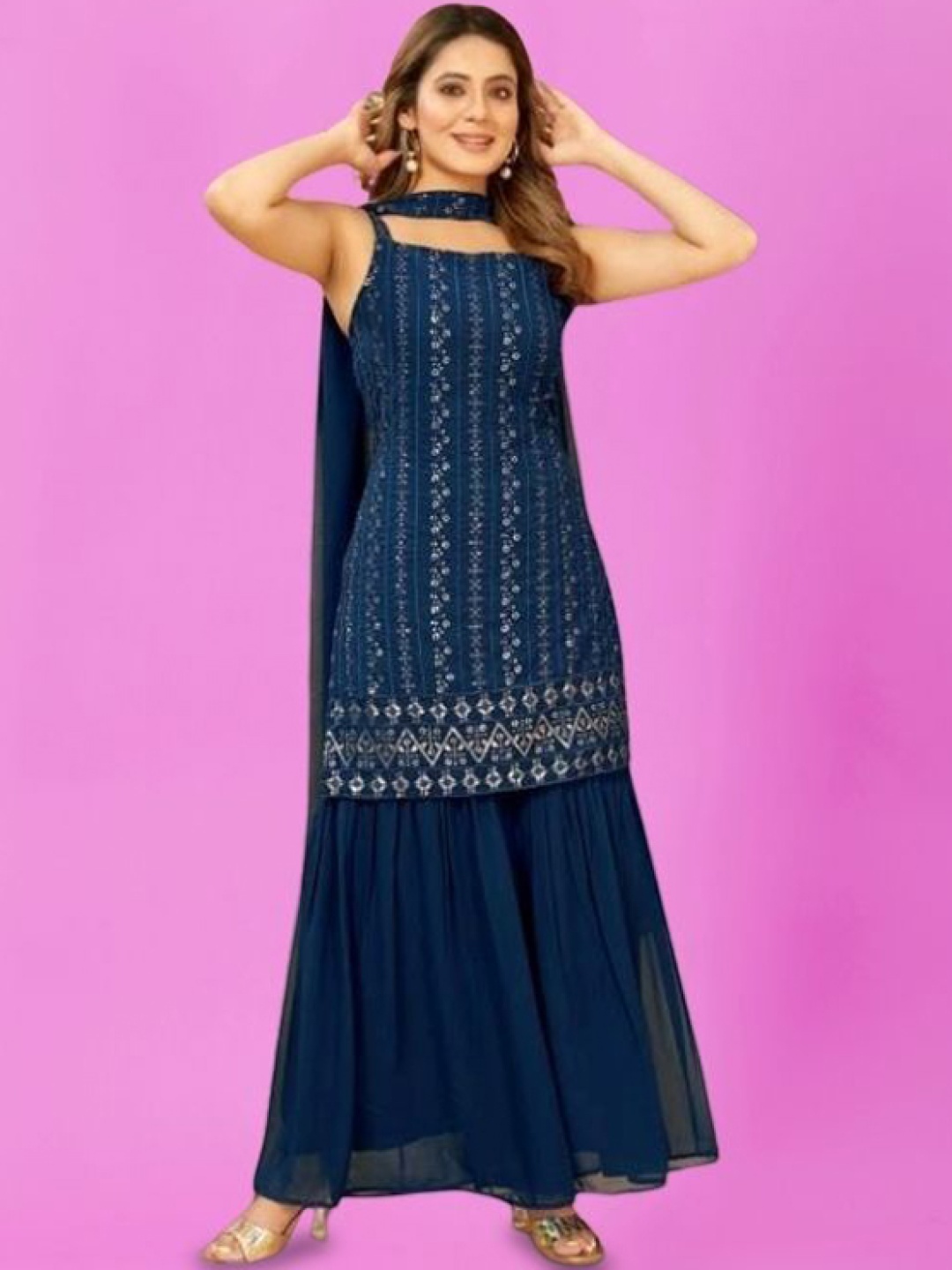 PARROT CREATION Floral Embroidered Georgette A-Line Kurti With Sharara And Dupatta, Navy blue
PARROT CREATION Floral Embroidered Georgette A-Line Kurti With Sharara And Dupatta, Navy blue