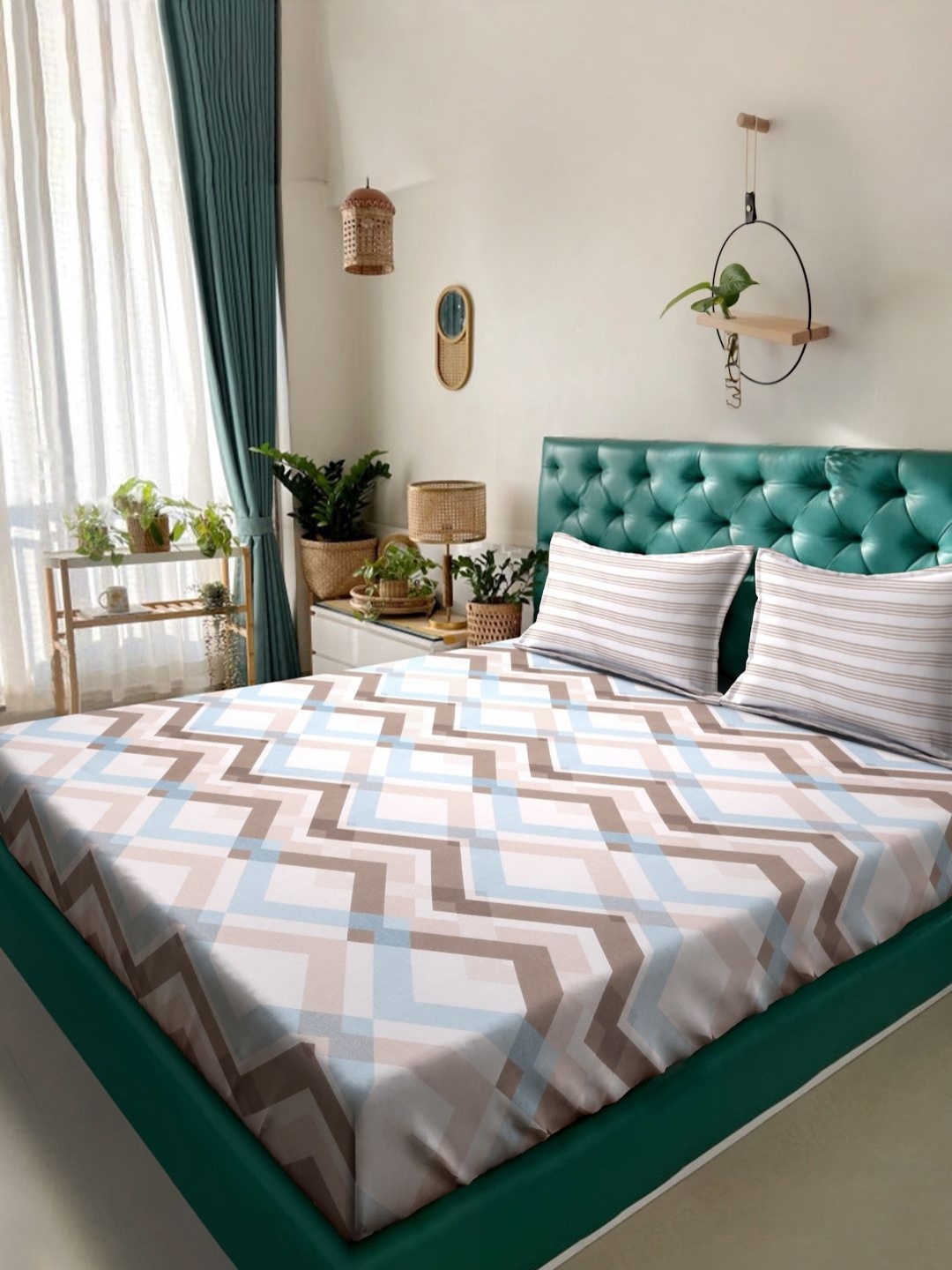 KLOTTHE White & Blue Geometric Printed Flat 300 TC King Bedsheet With 2 Pillow Cover
KLOTTHE White & Blue Geometric Printed Flat 300 TC King Bedsheet With 2 Pillow Cover