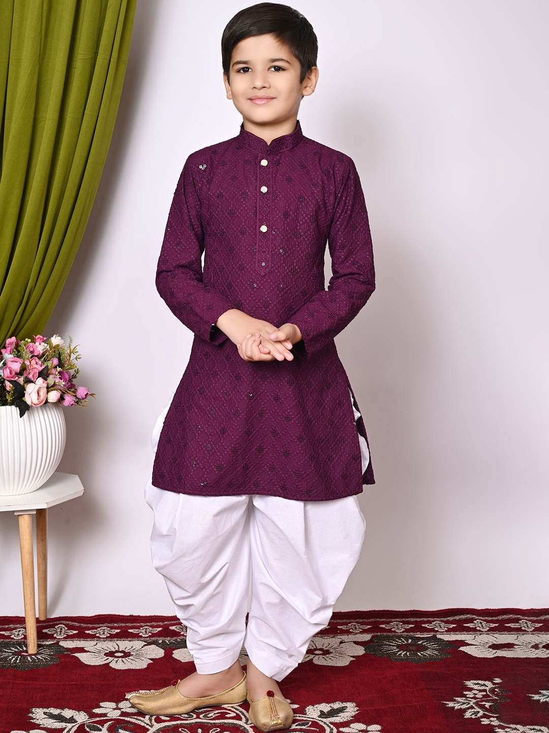 Cae Boys Geometric Embroidered Mandarin Collar Sequinned Straight Kurta with Patiala, Purple
Cae Boys Geometric Embroidered Mandarin Collar Sequinned Straight Kurta with Patiala, Purple