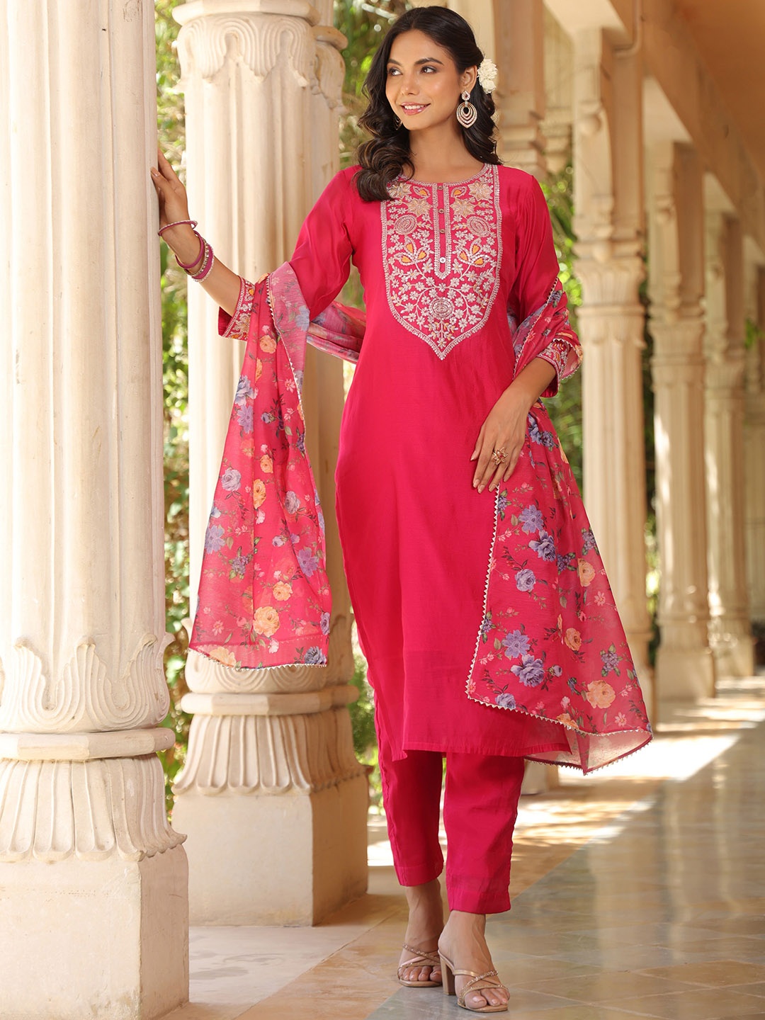 KALINI Sequinned Embroidered Chanderi Silk Kurta With Trousers & Dupatta, Fuchsia
KALINI Sequinned Embroidered Chanderi Silk Kurta With Trousers & Dupatta, Fuchsia