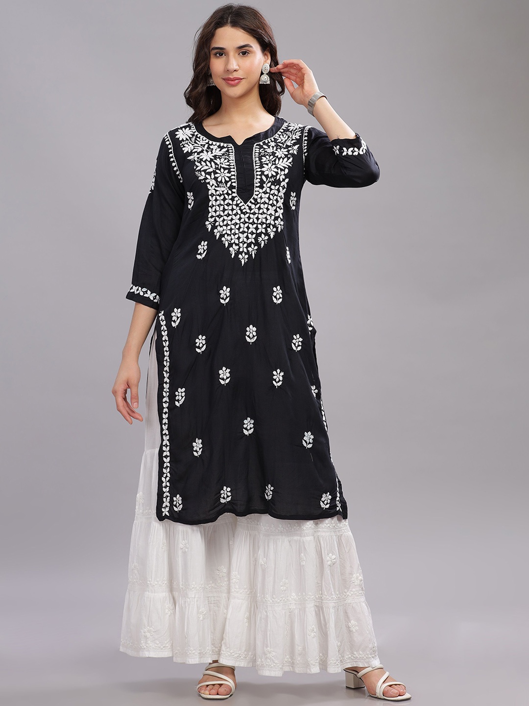 Club Loom Floral Embroidered Pure Cotton Chikankari Straight Kurta With Sharara, Black
Club Loom Floral Embroidered Pure Cotton Chikankari Straight Kurta With Sharara, Black
