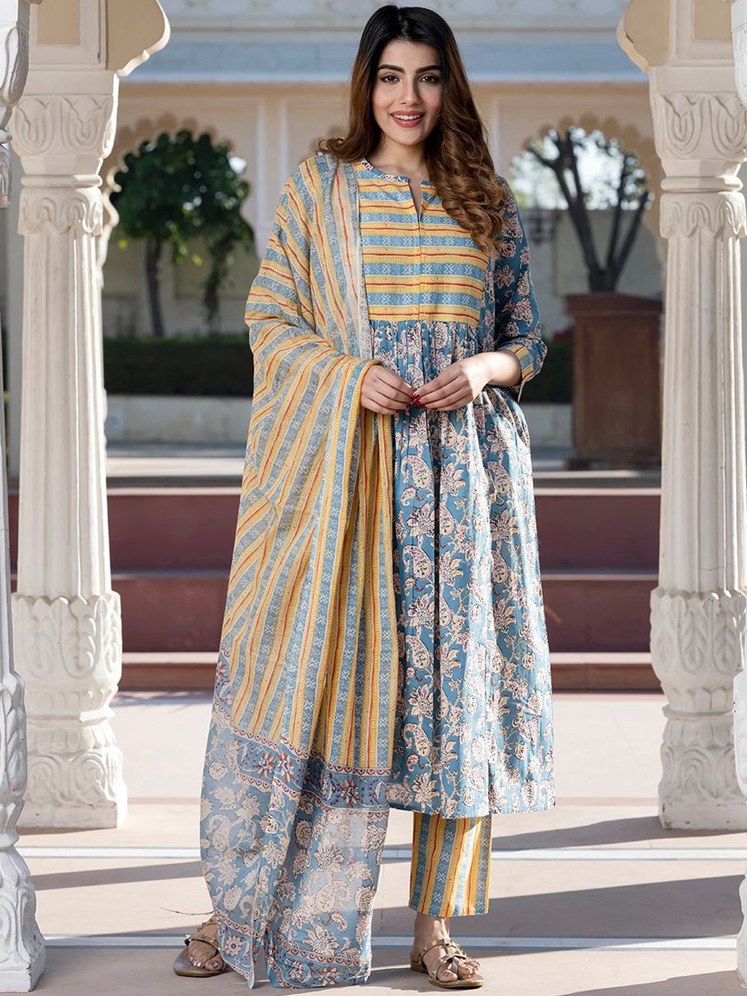 Jaitpuriya Ethnic Motifs Printed Mandarin Collar Pure Cotton Kurta With Trousers & Dupatta, Blue
Jaitpuriya Ethnic Motifs Printed Mandarin Collar Pure Cotton Kurta With Trousers & Dupatta, Blue