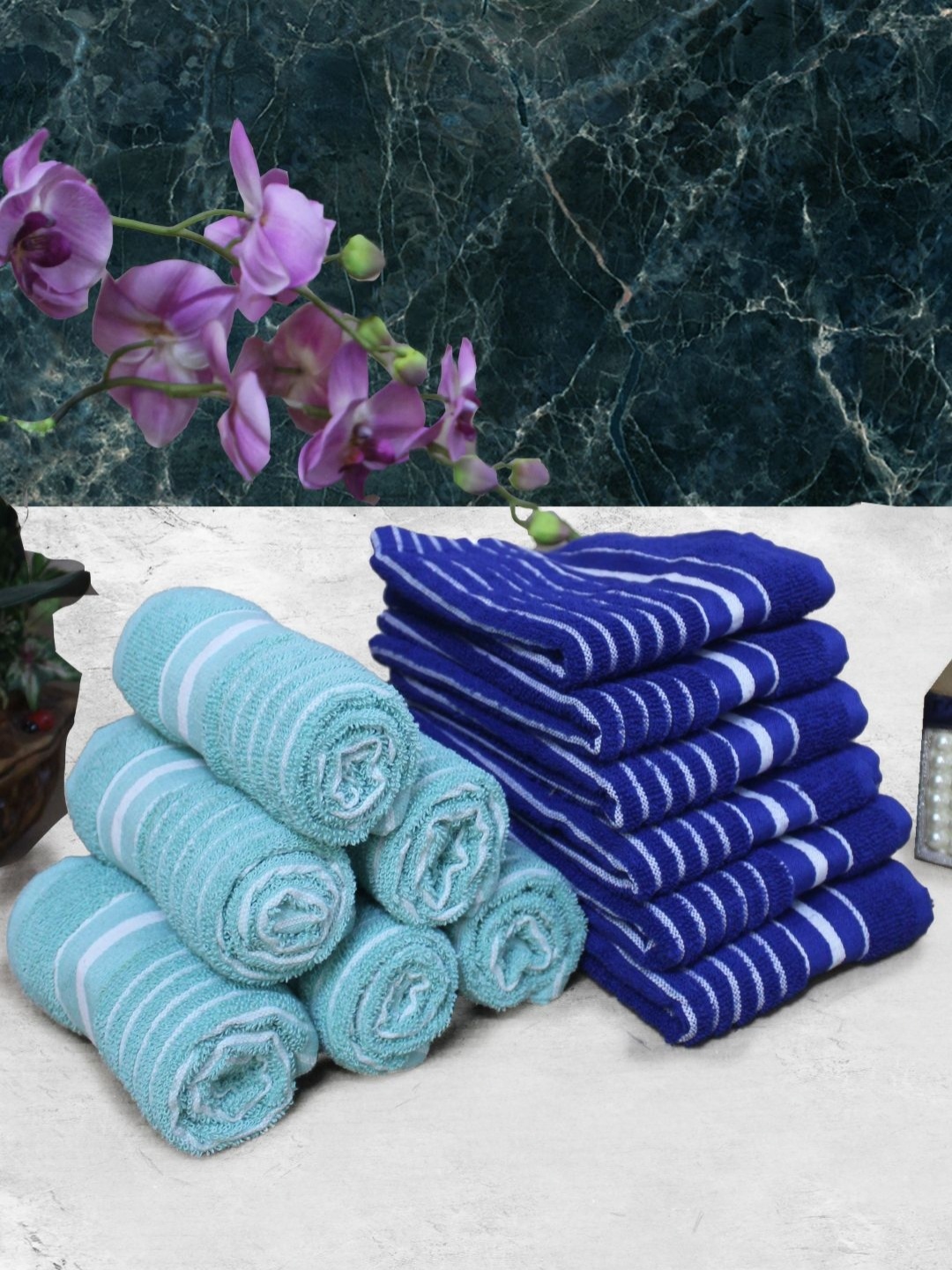Aura Blue & White 12 Pieces Striped Pure Cotton Super Absorbent & Quick Dry Hand Towels
Aura Blue & White 12 Pieces Striped Pure Cotton Super Absorbent & Quick Dry Hand Towels
