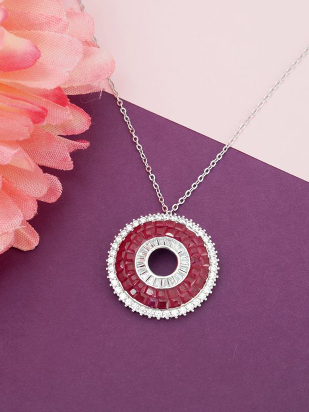 Tuanz Silver Jewelry Rhodium-Plated Circular Artificial Stones Studded Pendant With Chains
Tuanz Silver Jewelry Rhodium-Plated Circular Artificial Stones Studded Pendant With Chains