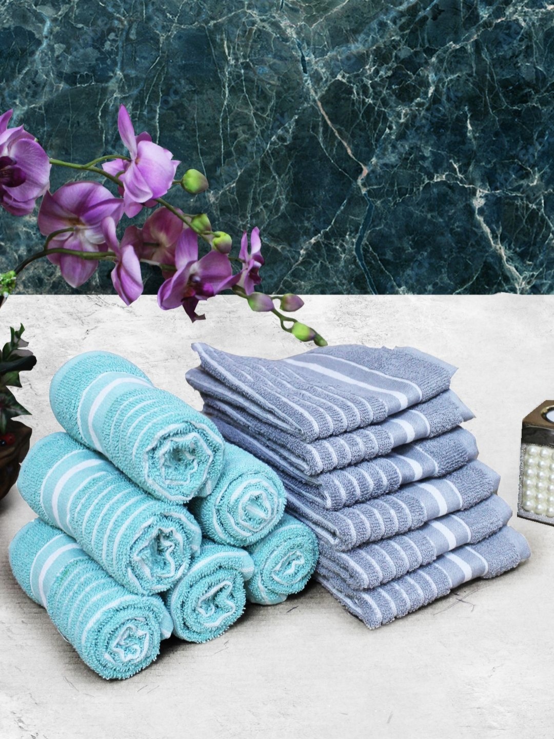 Aura Blue & White 12 Pieces Striped Pure Cotton Super Absorbent & Quick Dry Hand Towels
Aura Blue & White 12 Pieces Striped Pure Cotton Super Absorbent & Quick Dry Hand Towels