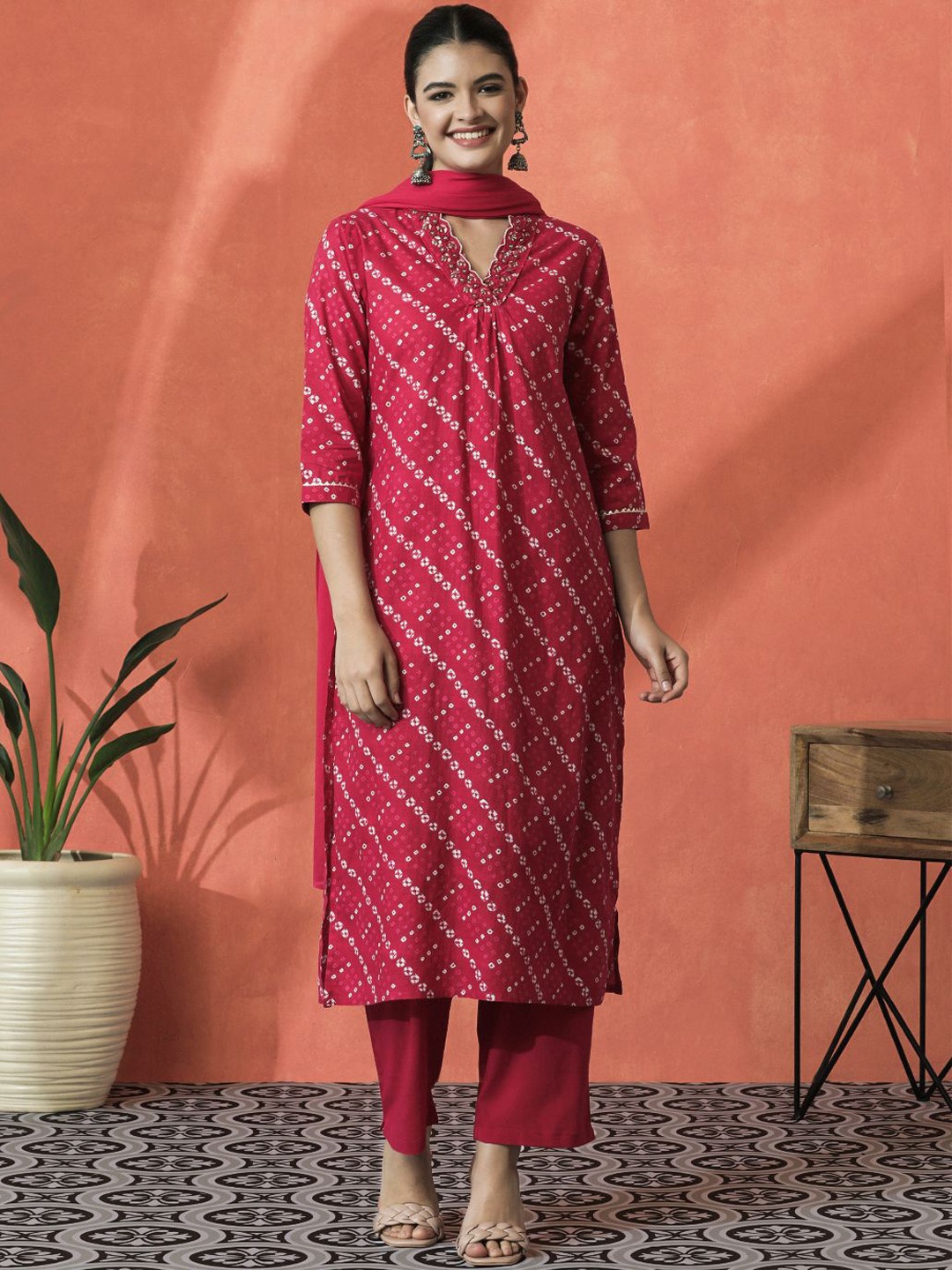 Sangria Bandhani Printed V-Neck Pleated Pure Cotton Straight Kurta With Trouser & Dupatta, Pink
Sangria Bandhani Printed V-Neck Pleated Pure Cotton Straight Kurta With Trouser & Dupatta, Pink