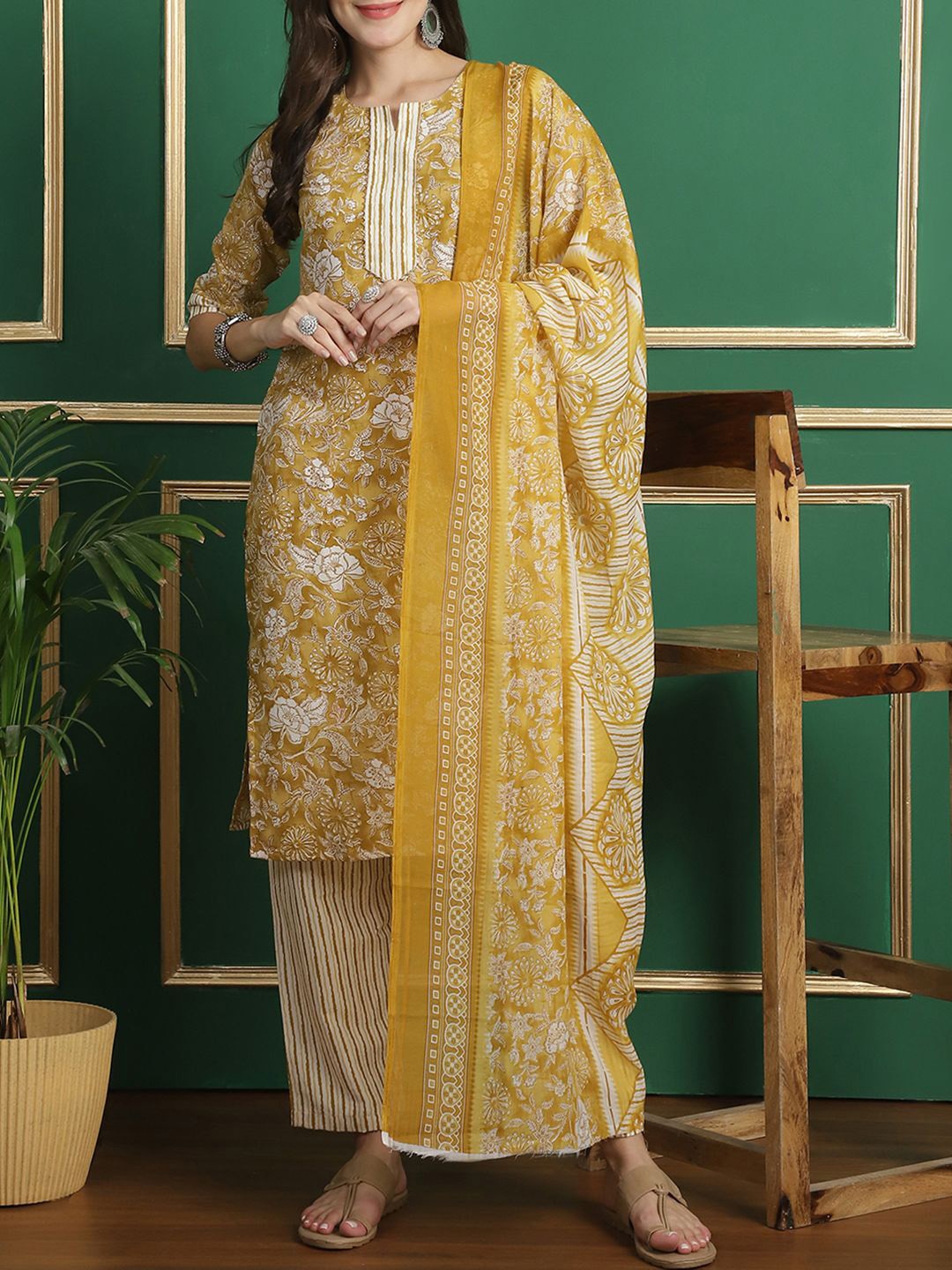 Moda Rapido Floral Printed Notch-Neck Straight Pure Cotton Kurta With Trousers And Dupatta, Yellow
Moda Rapido Floral Printed Notch-Neck Straight Pure Cotton Kurta With Trousers And Dupatta, Yellow