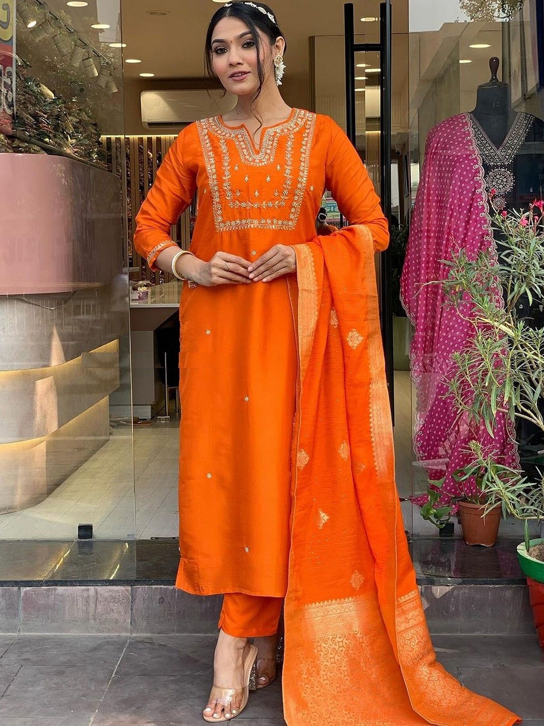 ZEEPKART Ethnic Motifs Embroidered Notch Neck Straight Kurta With Trousers & Dupatta, Orange
ZEEPKART Ethnic Motifs Embroidered Notch Neck Straight Kurta With Trousers & Dupatta, Orange