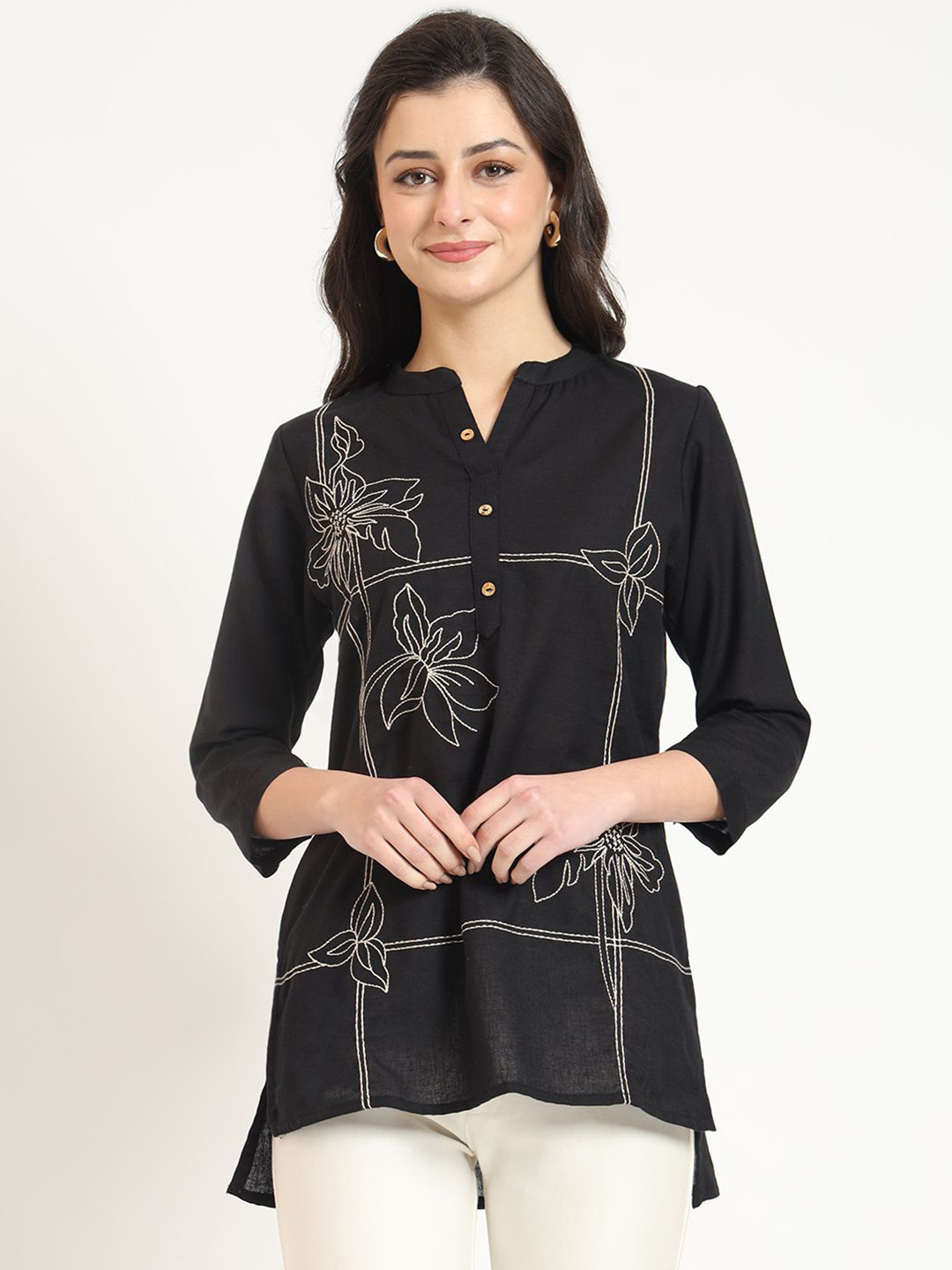 BAESD Women Embroidered Mandarin Collar Cotton A-Line Top, Black 
BAESD Women Embroidered Mandarin Collar Cotton A-Line Top, Black