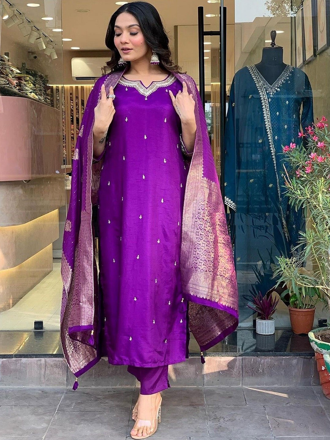 ZEEPKART Ethnic Motifs Embroidered Notch Neck Straight Kurta With Trousers & Dupatta, Purple
ZEEPKART Ethnic Motifs Embroidered Notch Neck Straight Kurta With Trousers & Dupatta, Purple