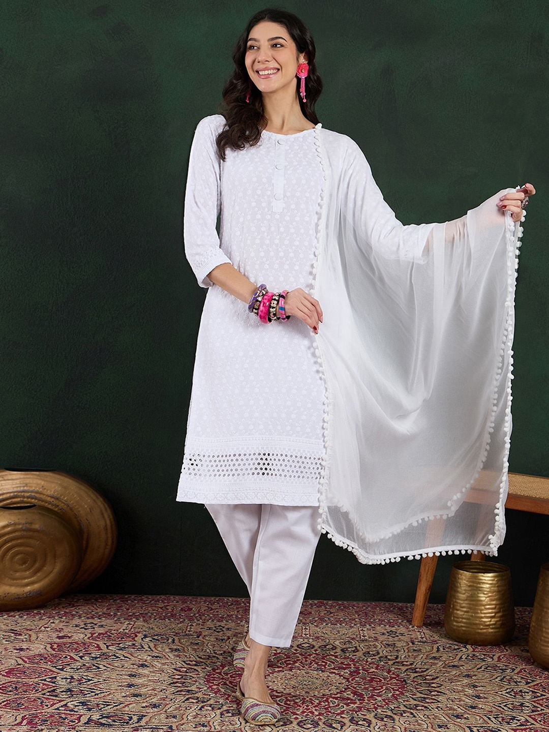 Sangria Floral Embroidered Round Neck Straight Kurta With Trousers And Dupatta, White
Sangria Floral Embroidered Round Neck Straight Kurta With Trousers And Dupatta, White