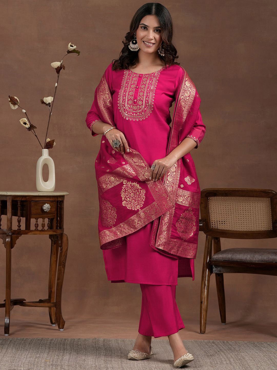 NIRMAL CREATION Embroidered Sequinned Pure Cotton Kurta With Trousers & Dupatta, Pink
NIRMAL CREATION Embroidered Sequinned Pure Cotton Kurta With Trousers & Dupatta, Pink