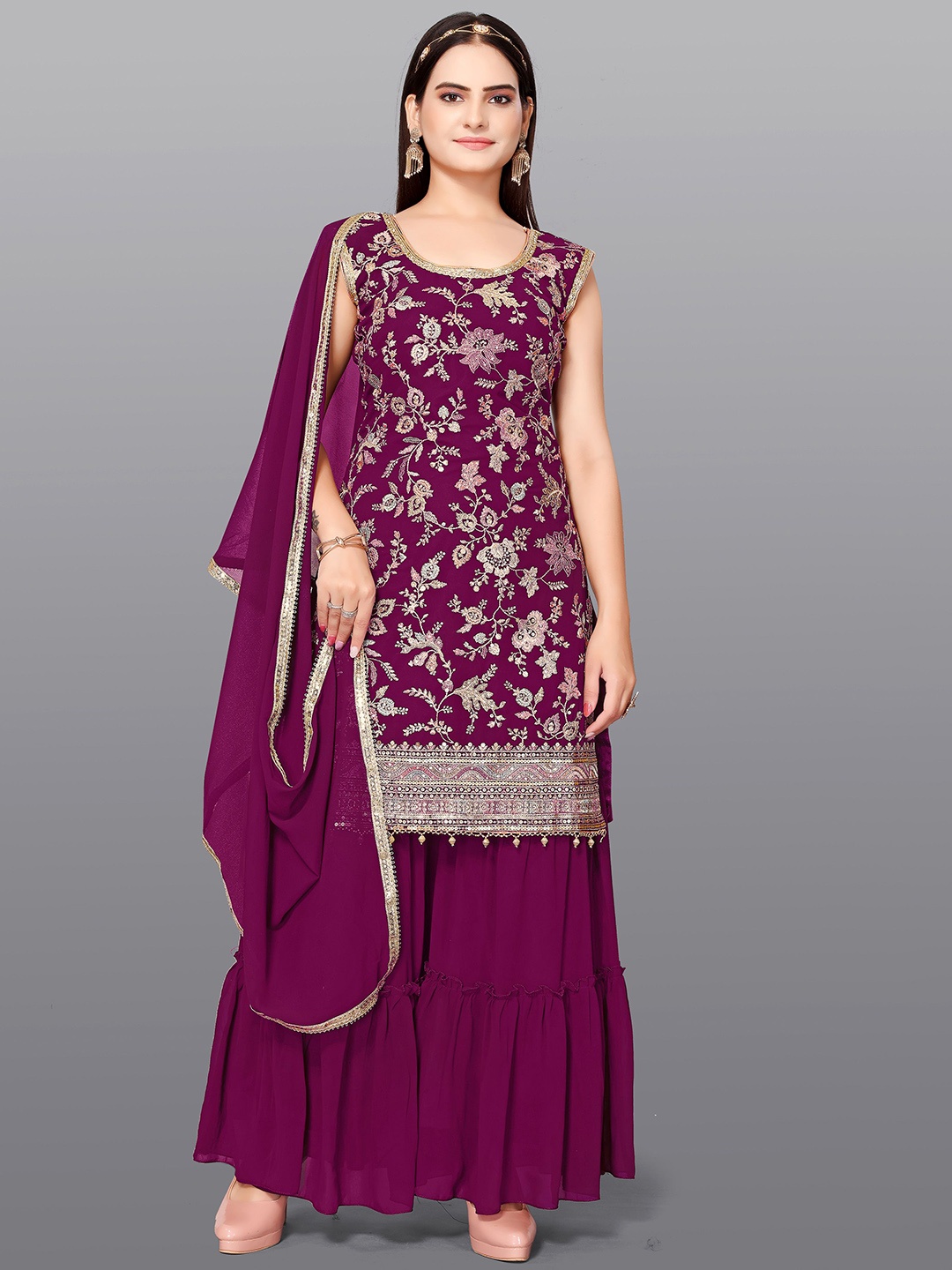 Raave Floral Embroidered Sequinned Silk Georgette Kurta With Sharara And Dupatta, Magenta
Raave Floral Embroidered Sequinned Silk Georgette Kurta With Sharara And Dupatta, Magenta