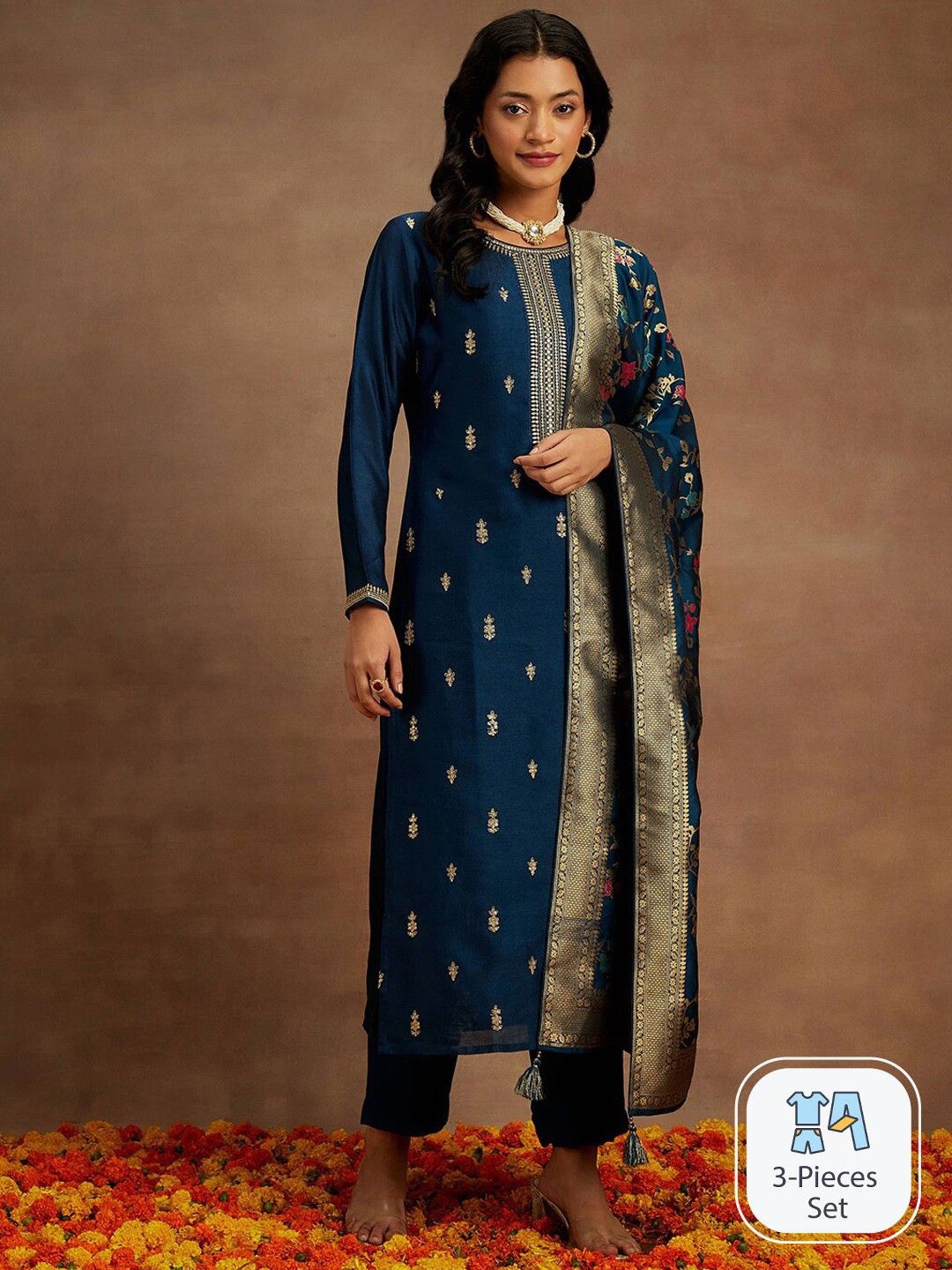 NIRMAL CREATION Embroidered Sequinned Pure Cotton Kurta With Trousers & Dupatta, Blue
NIRMAL CREATION Embroidered Sequinned Pure Cotton Kurta With Trousers & Dupatta, Blue