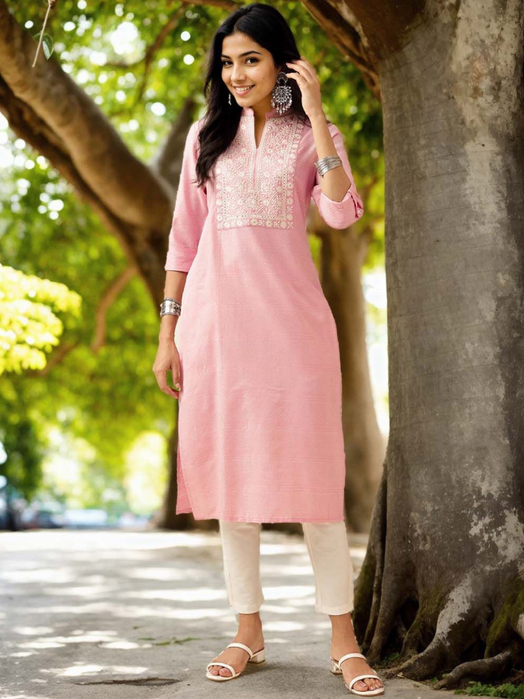 Anouk Floral Yoke Design Mandarin Collar Pure Cotton Straight Kurta With Trousers, Pink
Anouk Floral Yoke Design Mandarin Collar Pure Cotton Straight Kurta With Trousers, Pink