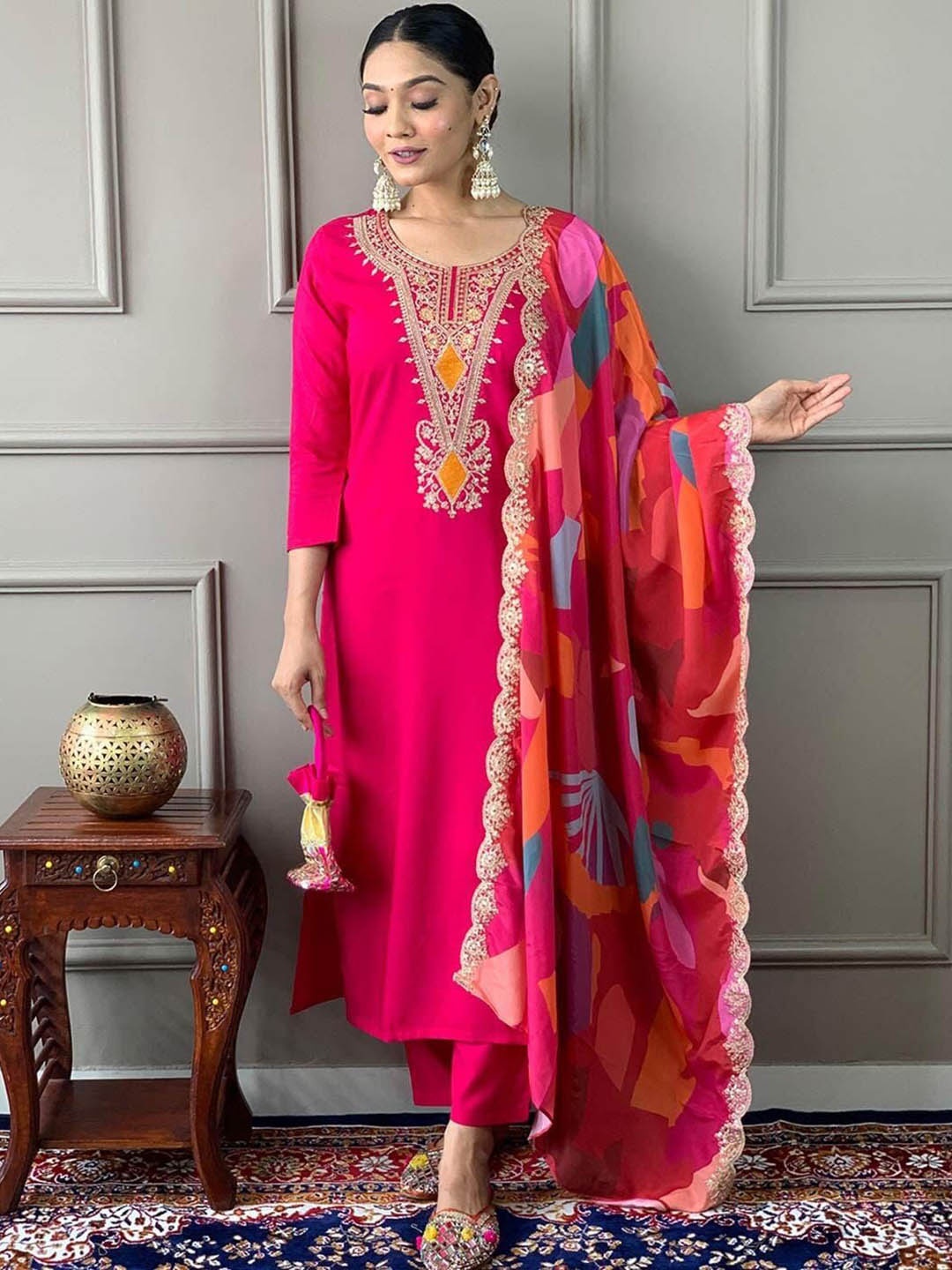 NIRMAL CREATION Sequined Embroidered Pure Cotton Kurta With Trousers & Dupatta, Pink
NIRMAL CREATION Sequined Embroidered Pure Cotton Kurta With Trousers & Dupatta, Pink