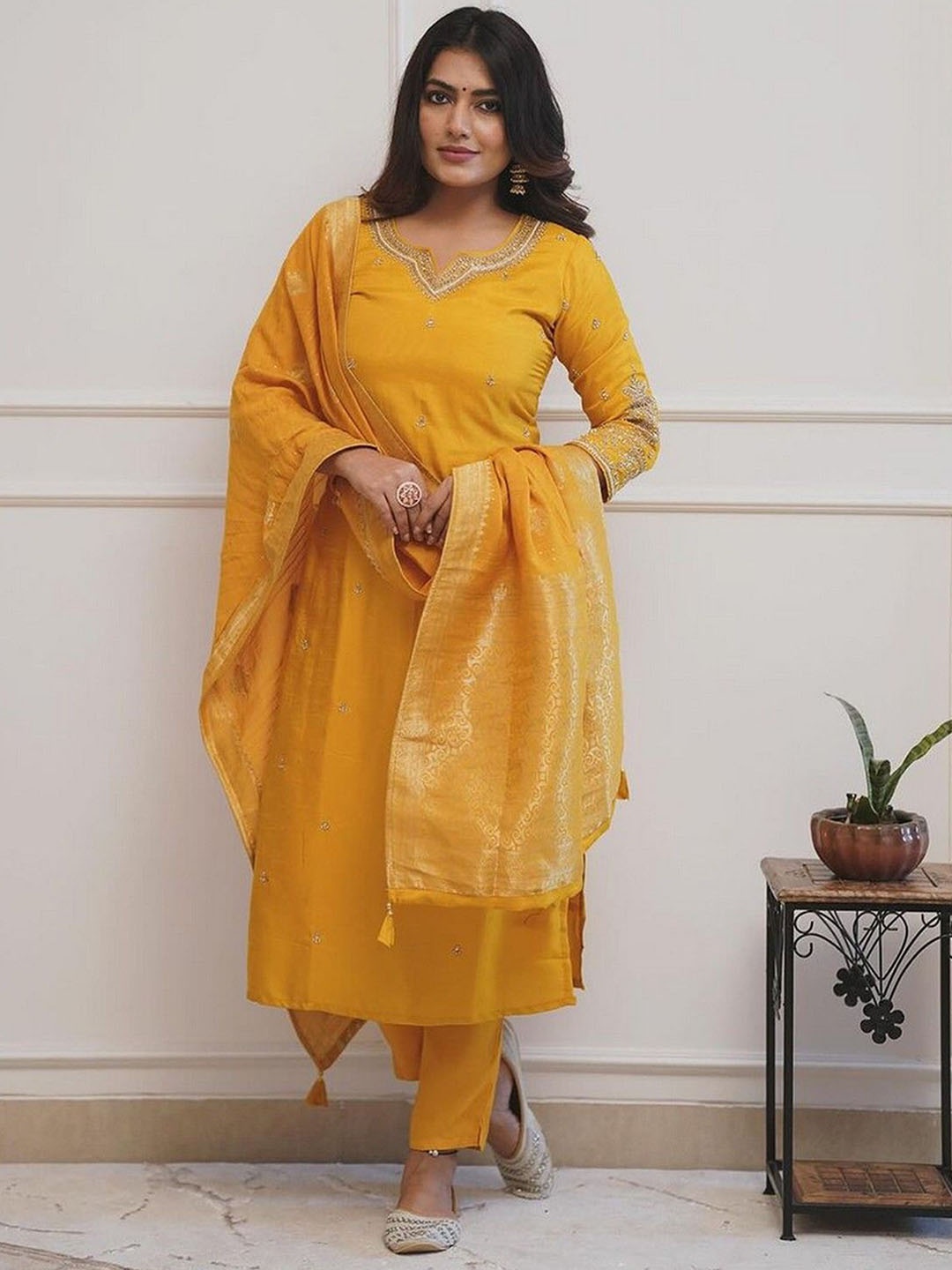 ZEEPKART Ethnic Motifs Embroidered Notch Neck Straight Kurta With Trousers & Dupatta, Yellow
ZEEPKART Ethnic Motifs Embroidered Notch Neck Straight Kurta With Trousers & Dupatta, Yellow
