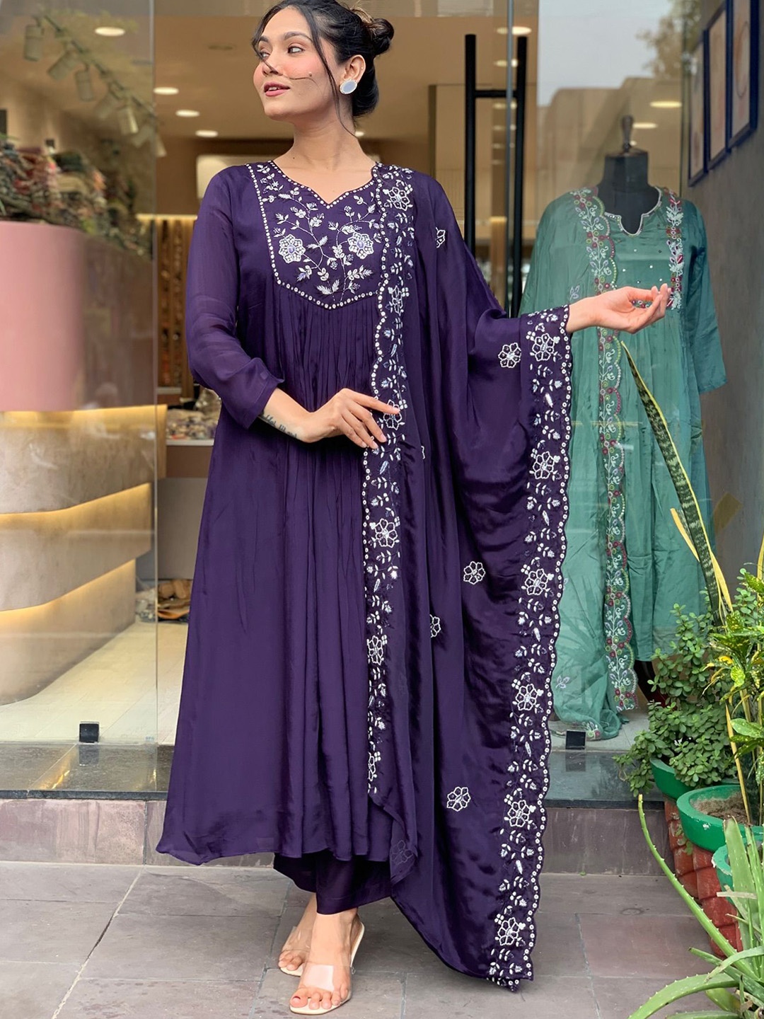 KALINI Floral Embroidered Round Neck A-Line Thread Work Kurta with Trousers & Dupatta, Purple
KALINI Floral Embroidered Round Neck A-Line Thread Work Kurta with Trousers & Dupatta, Purple