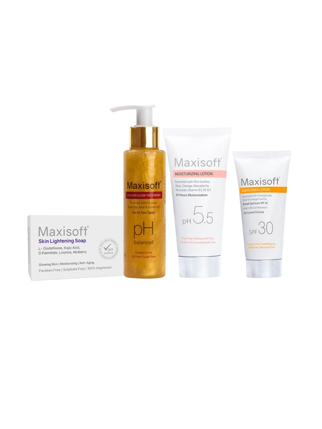 Maxisoft Set Of 4 Lightening Soap, Golden Glow Face Wash, Moisturizing Lotion & Sunscreen, White
Maxisoft Set Of 4 Lightening Soap, Golden Glow Face Wash, Moisturizing Lotion & Sunscreen, White