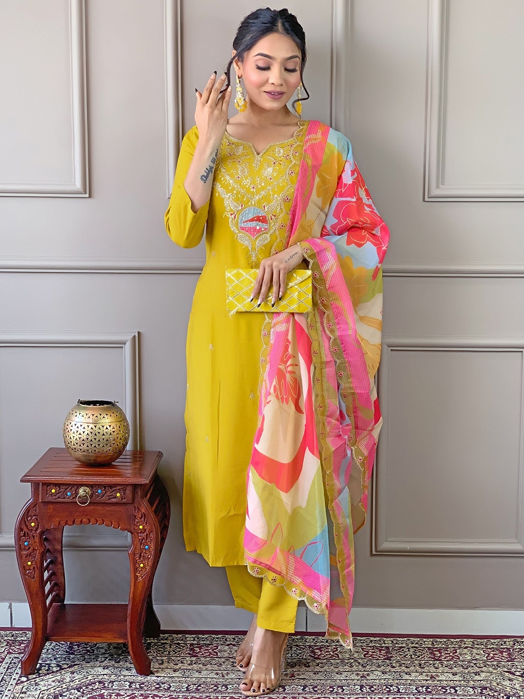 NIZA FASHION Women Floral Embroidered Regular Kurta with Trousers & With Dupatta, Mustard
NIZA FASHION Women Floral Embroidered Regular Kurta with Trousers & With Dupatta, Mustard