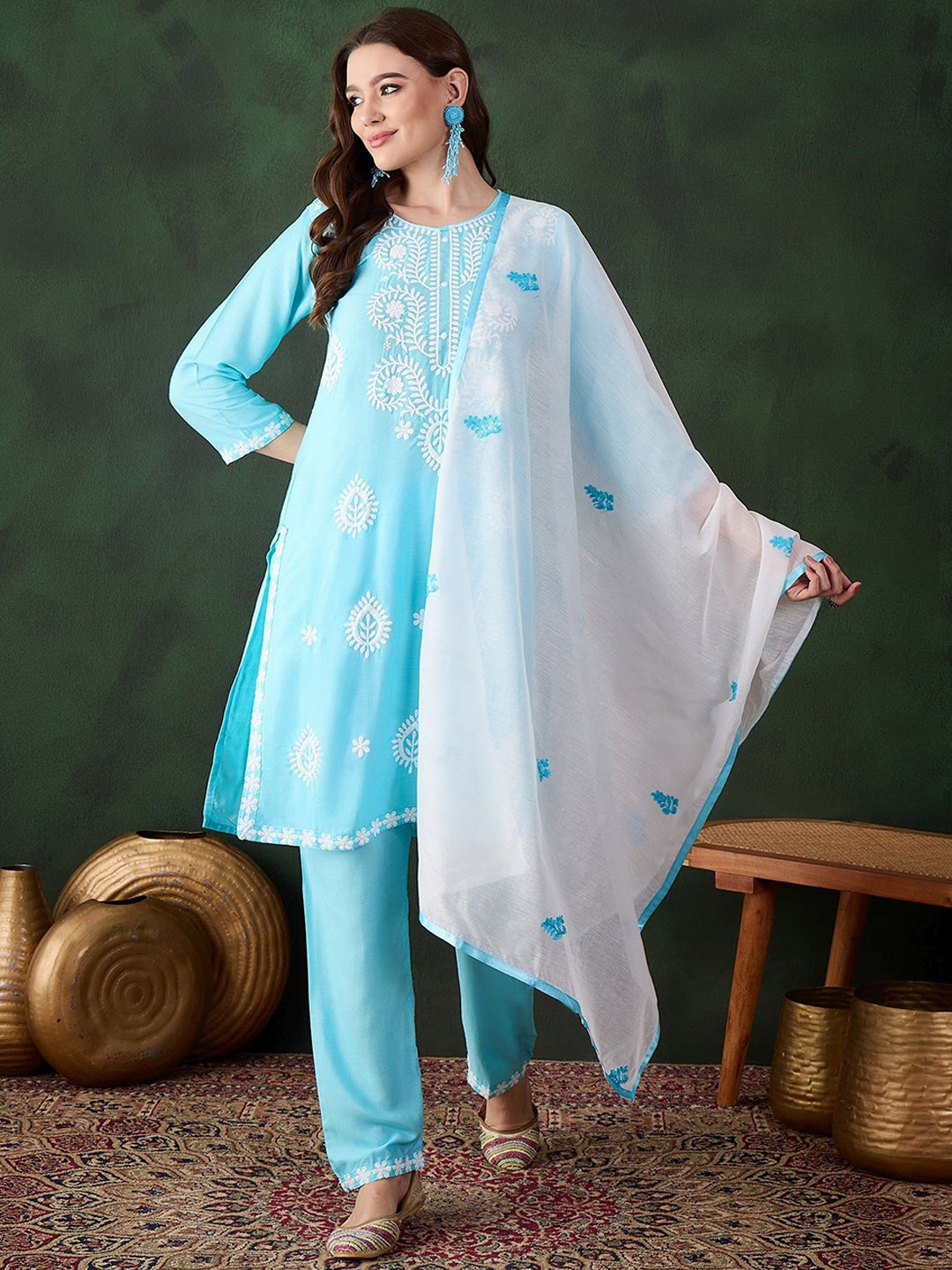 Maroosh Floral Embroidered Round Neck Thread Work Kurta With Trousers & Dupatta, Blue
Maroosh Floral Embroidered Round Neck Thread Work Kurta With Trousers & Dupatta, Blue