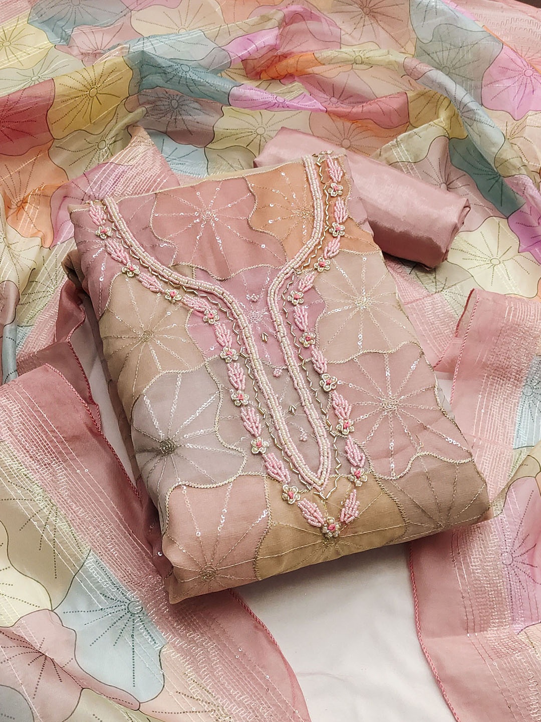 SAINOOR Floral Beads and Stones Embroidered Organza Semi-Stitched Dress Material, Pink
SAINOOR Floral Beads and Stones Embroidered Organza Semi-Stitched Dress Material, Pink