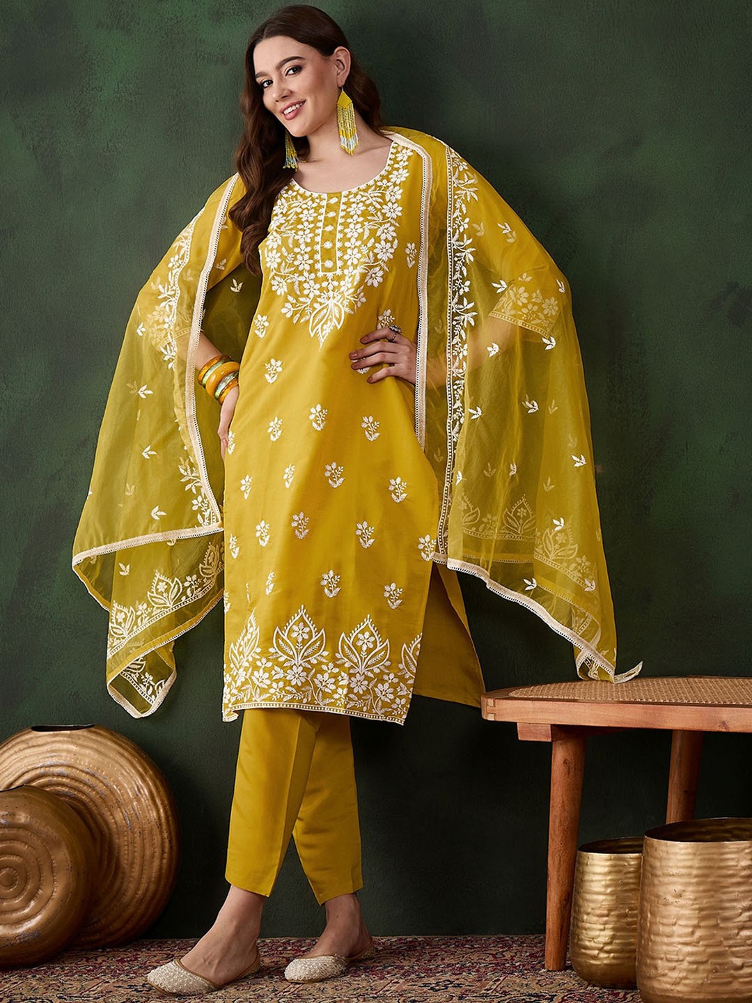 Maroosh Floral Embroidered Round Neck Thread Work Kurta With Trousers & Dupatta, Mustard
Maroosh Floral Embroidered Round Neck Thread Work Kurta With Trousers & Dupatta, Mustard