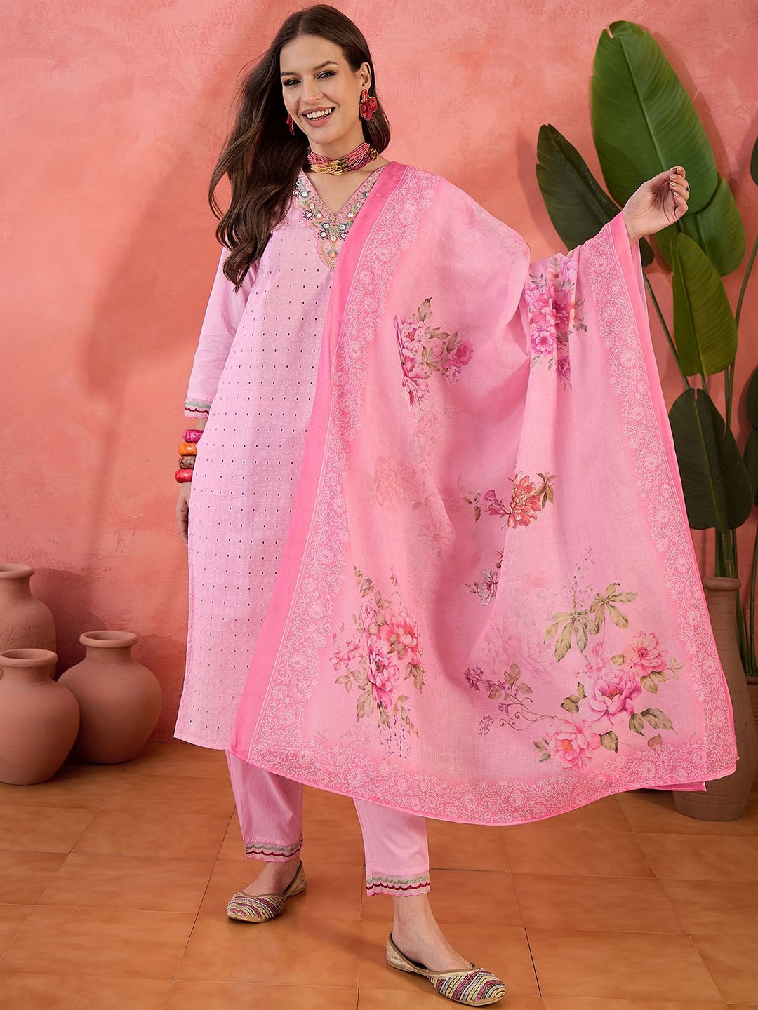 Sangria Floral Embroidered V-Neck Sequinned Cotton Straight Kurta With Trouser & Dupatta, Pink
Sangria Floral Embroidered V-Neck Sequinned Cotton Straight Kurta With Trouser & Dupatta, Pink