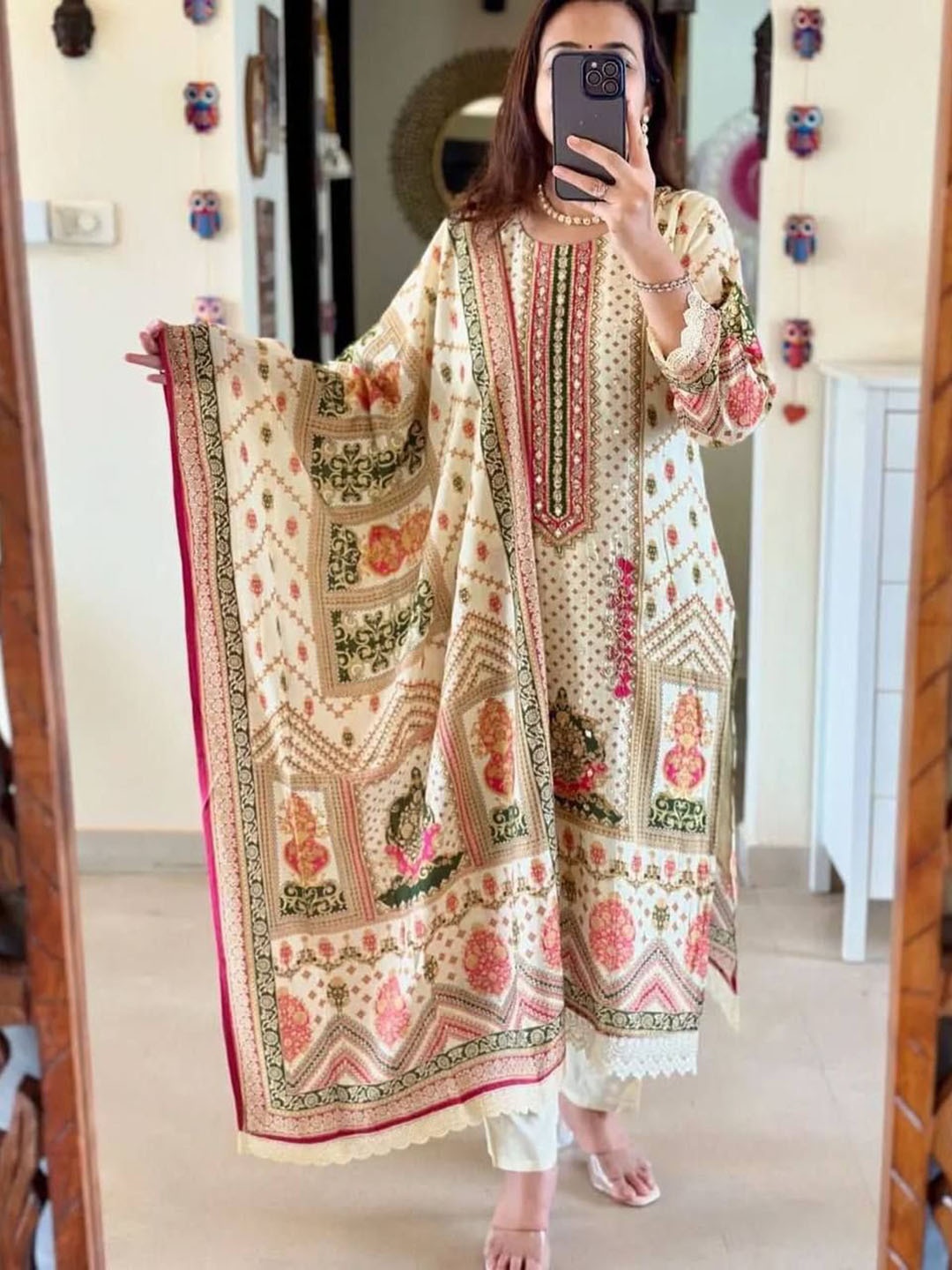 Bought First Ethnic Motifs Printed Round Neck Mirror Work Kurta With Trouser & Dupatta, Cream
Bought First Ethnic Motifs Printed Round Neck Mirror Work Kurta With Trouser & Dupatta, Cream