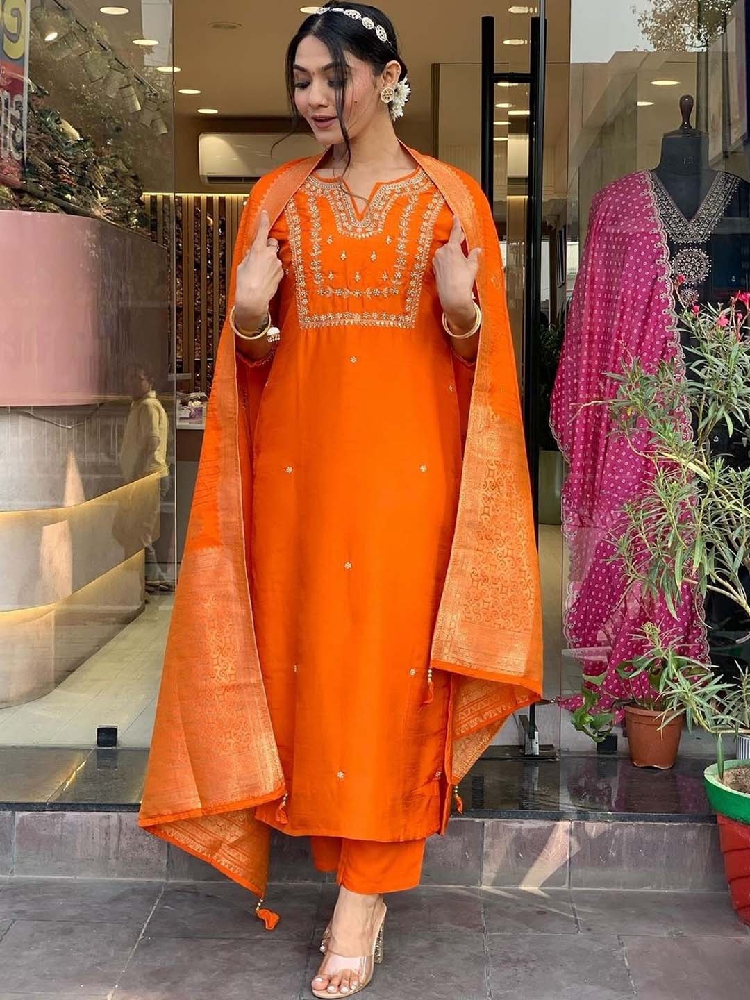 NIZA FASHION Women Ethnic Motifs Embroidered Silk Kurta with Trousers & With Dupatta, Orange
NIZA FASHION Women Ethnic Motifs Embroidered Silk Kurta with Trousers & With Dupatta, Orange
