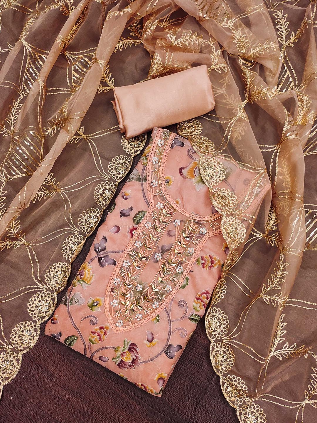 SAINOOR Floral Printed Embroidered Beads And Stones Organza Semi-Stitched Dress Material, Peach
SAINOOR Floral Printed Embroidered Beads And Stones Organza Semi-Stitched Dress Material, Peach