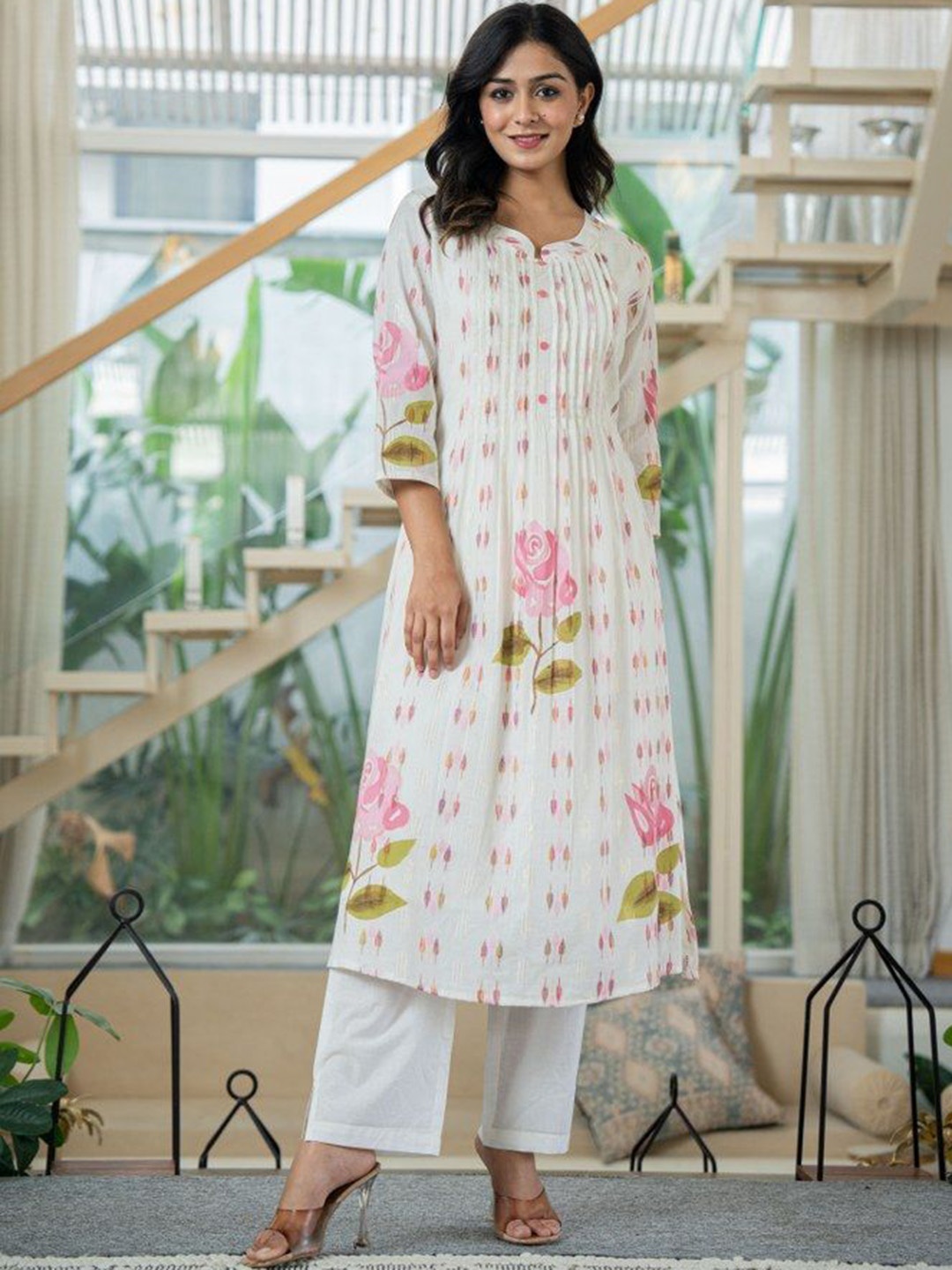 CUSTARD Floral Printed Round Neck Pleated Pure Cotton A-Line Kurta With Trousers, White
CUSTARD Floral Printed Round Neck Pleated Pure Cotton A-Line Kurta With Trousers, White