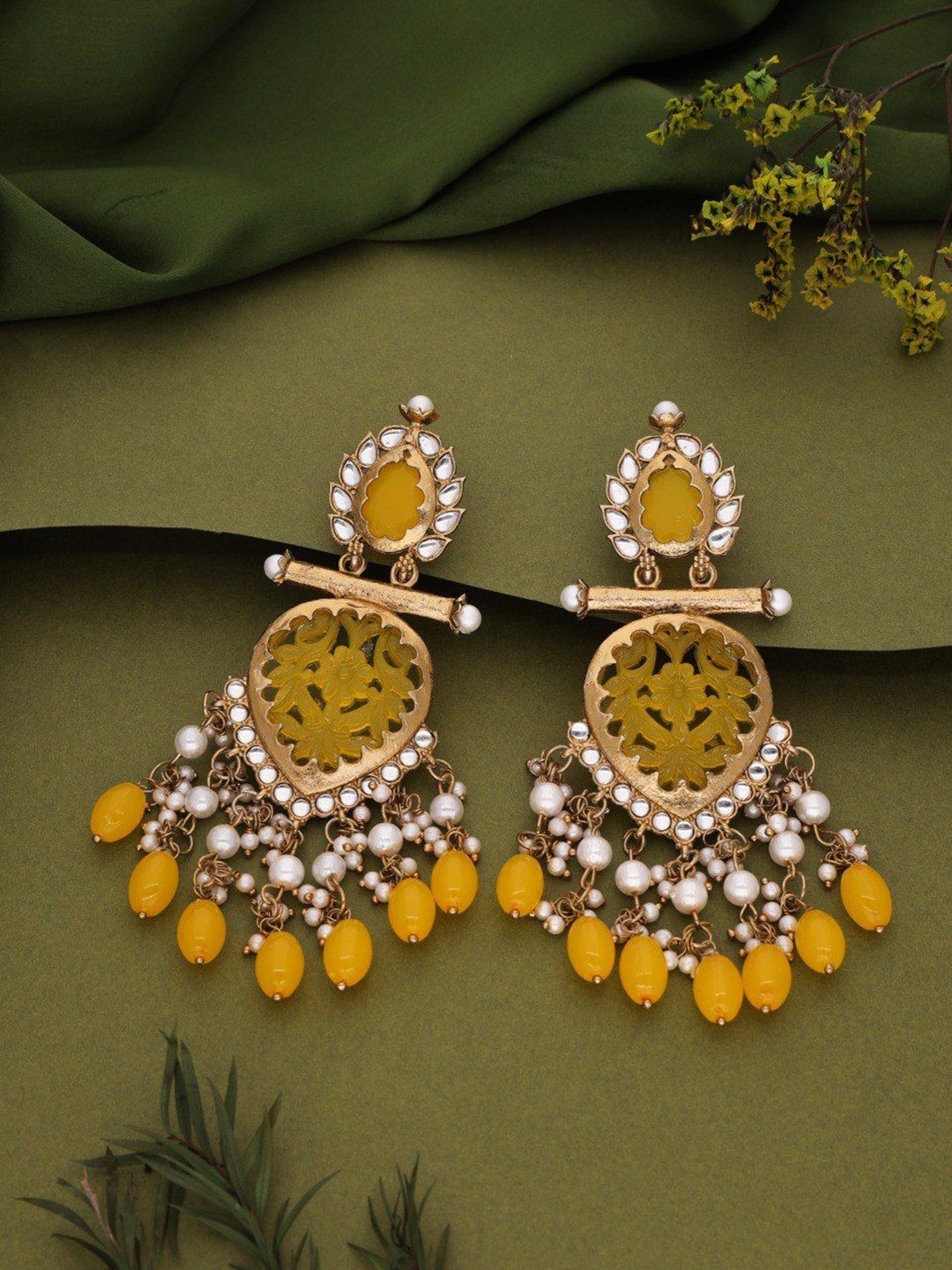 Lyriss Gold Plated Artificial Stones Studded and Beaded Contemporary Shaped Drop Earrings
Lyriss Gold Plated Artificial Stones Studded and Beaded Contemporary Shaped Drop Earrings