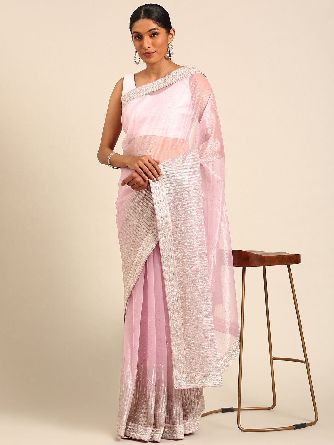 DIVASTRI Embellished Beads and Stones Net Saree, Pink 
DIVASTRI Embellished Beads and Stones Net Saree, Pink