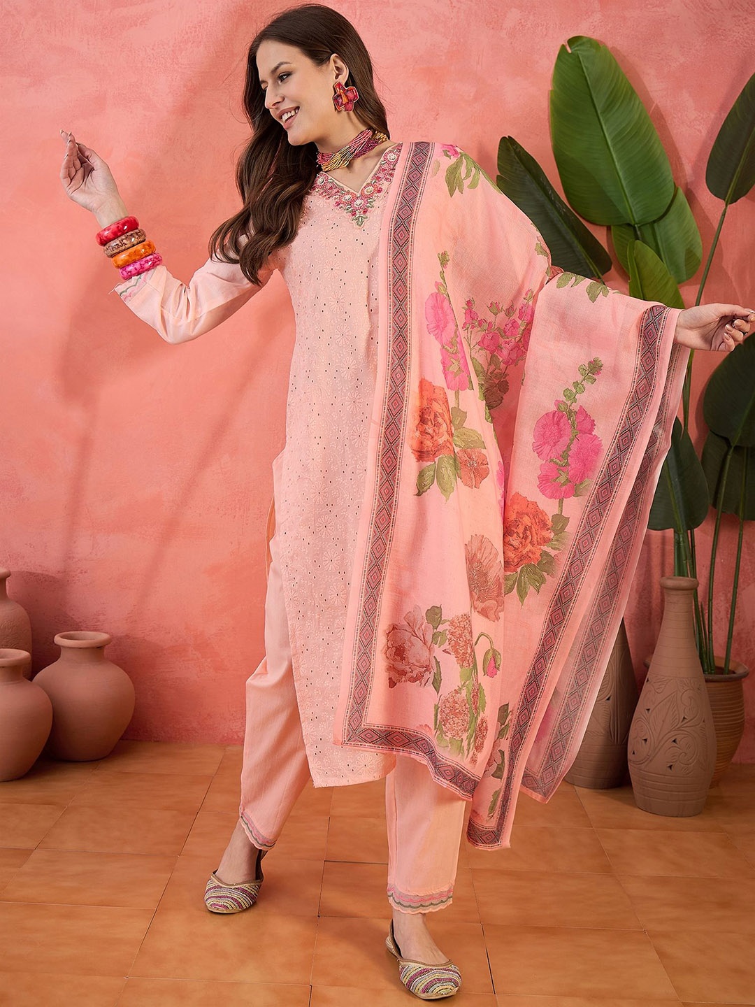 Sangria Floral Embroidered V-Neck Sequinned Cotton Straight Kurta With Trouser & Dupatta, Peach
Sangria Floral Embroidered V-Neck Sequinned Cotton Straight Kurta With Trouser & Dupatta, Peach